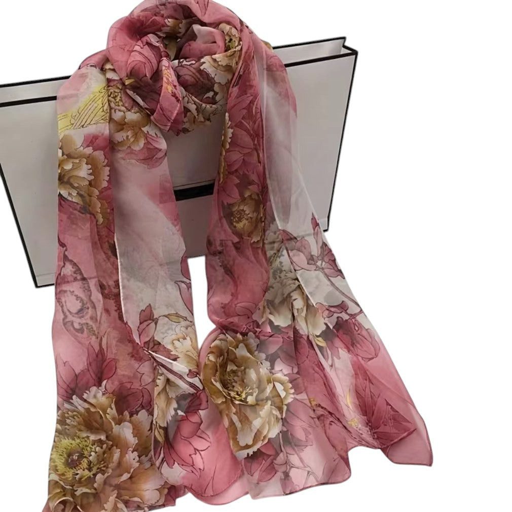 Dark-Desires Halstuch Vintage Schal Pfingstrose Rosa Chiffon Blumenprint 160 cm Halstuch