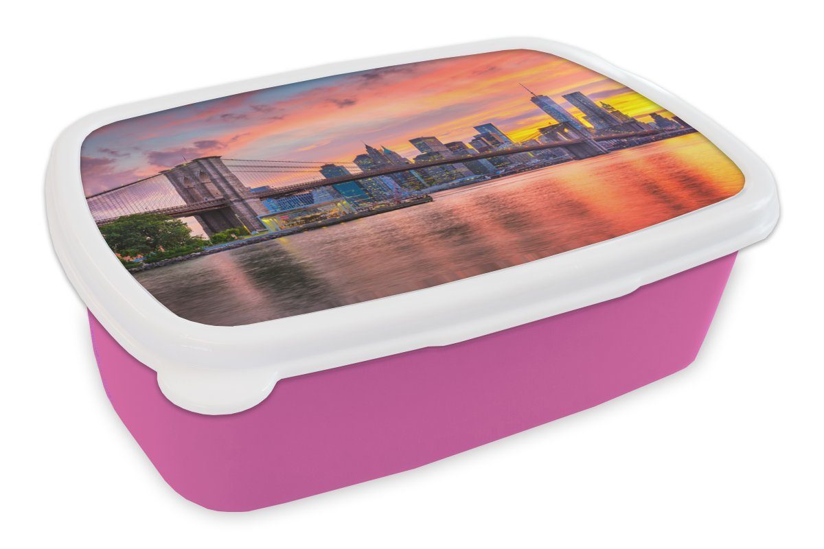 MuchoWow Lunchbox New York - Sonne - Brooklyn Bridge, Kunststoff, (2-tlg), Brotbox für Erwachsene, Brotdose Kinder, Snackbox, Mädchen, Kunststoff rosa