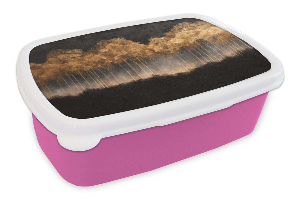 MuchoWow Lunchbox Goldene Bäume in nebliger Landschaft, Kunststoff, (2-tlg), Brotdosen, Lunch Box, Brotbox für Kinder und Erwachsene