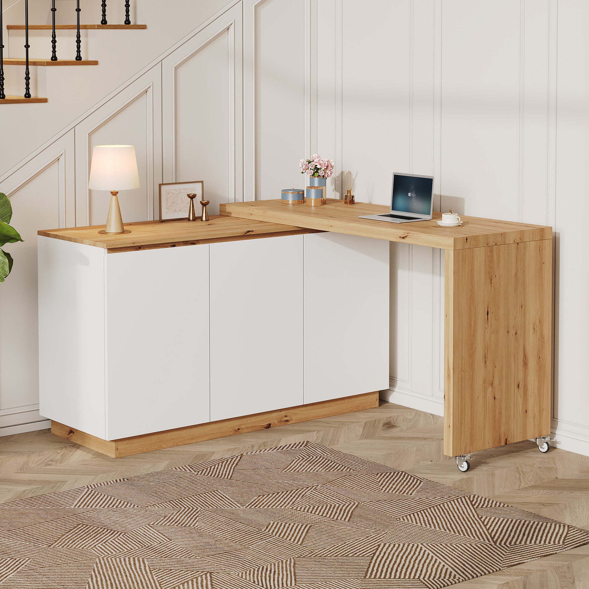 Flieks Schreibtisch 360° drehbar Tisch mit Rollen & Mehrzweckschrank mit 3 Türen (4 cm dickere Tischplatte, 1-St), beweglicher Eckschreibtisch Multifunktionsschrank Weiß&Eichenoptik