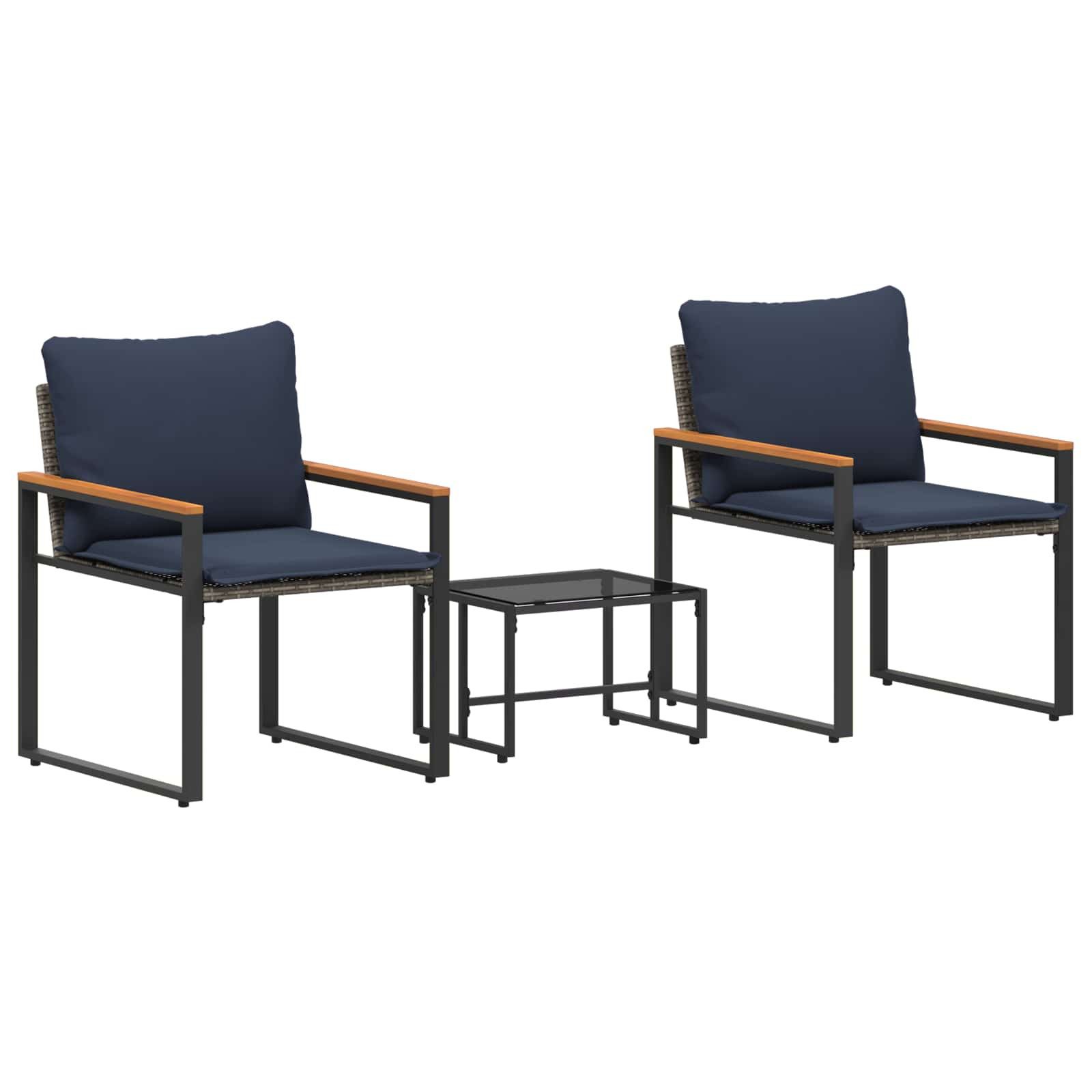 vidaXL Gartenlounge-Set Möbelsets mit Kissen 3 pcs Grau und Marineblau Rattan, (3-tlg)