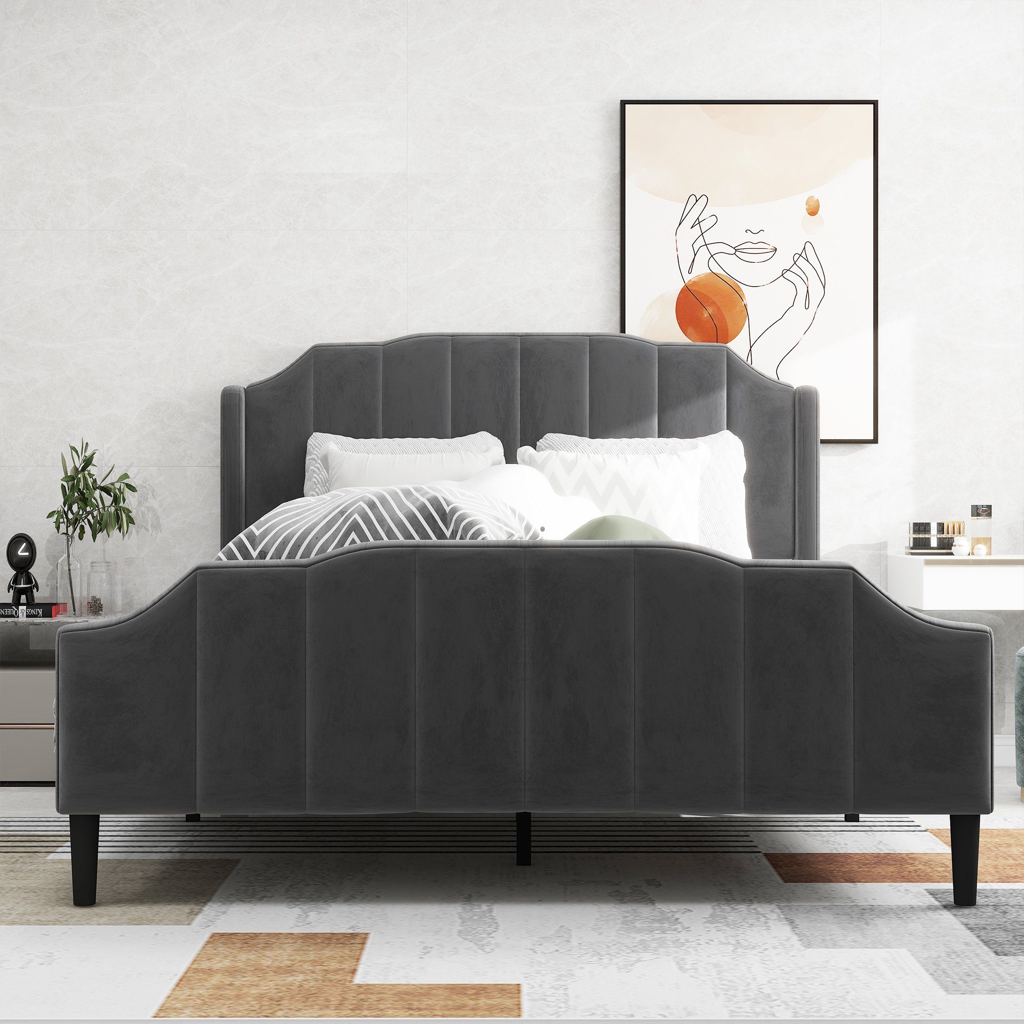 Polsterbett (Doppelbett 140 x 200 cm mit Kopfteil und Lattenrost), Jugendbett mit Gepolstertes Kopfteil, Bezug aus Samt