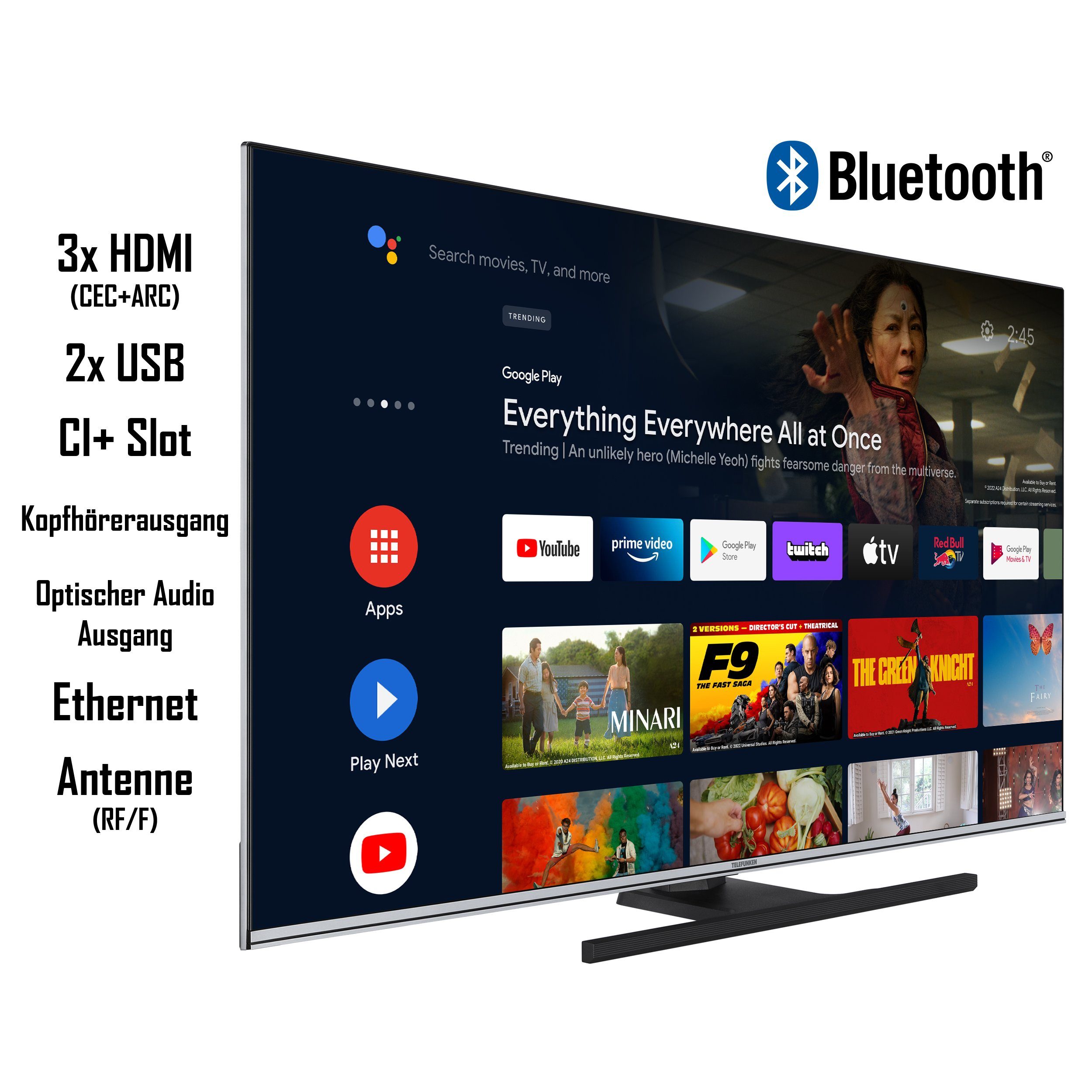 Ultra QLED-Fernseher Smart Atmos) Dolby TV, Vision, Dolby HD, Zoll, Telefunken Android Bluetooth, QU50AN900M 4K Triple-Tuner, HDR cm/50 TV, (126