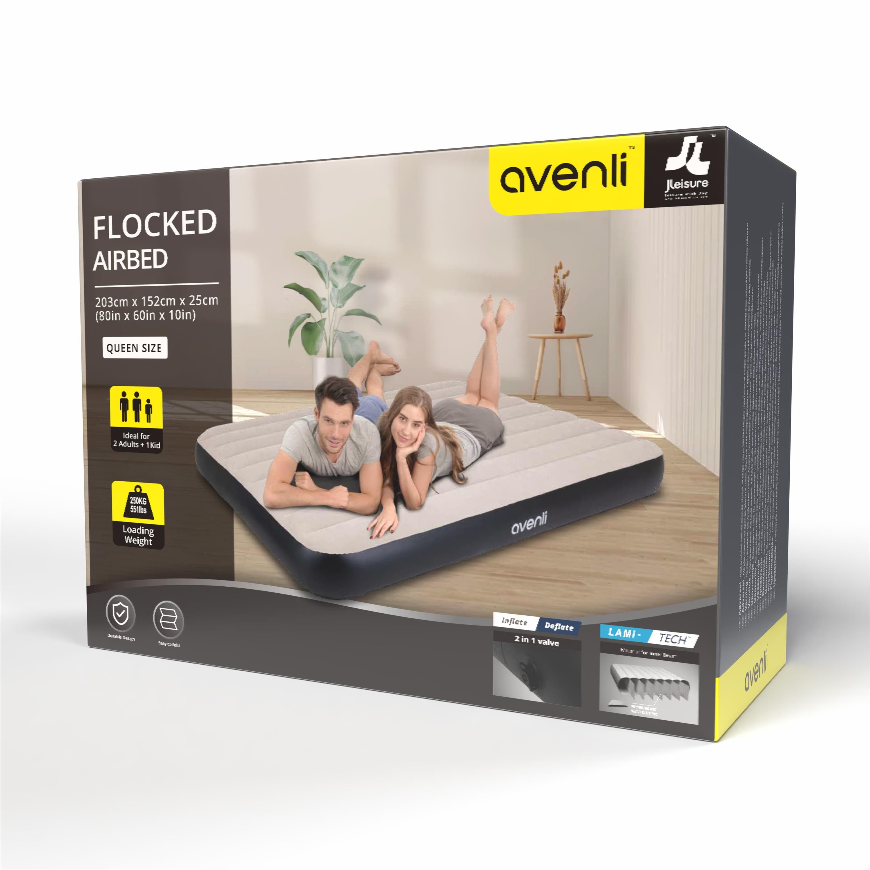 Avenli Luftmatratze Luftbett Camping für 2 Personen grau 203x152x25cm Queen-Size, (aufblasbar Ideal als Reisebett oder Isomatte, 1-St., für Indoor und Outdoor mit beflockter Oberfläche), Campingmatratze ohne Pumpe