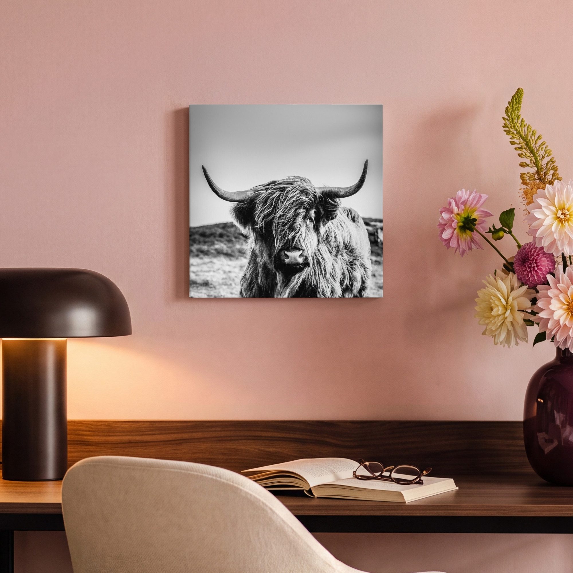 OneMillionCanvasses® Leinwandbild Kuh - Schottischer Hochländer - Schwarz - Weiß - Tier - Natur - Wildti, Fotodruck (1 St), Wandbild, Deko Schlafzimmer Wohnzimm – Bild 4 von 5