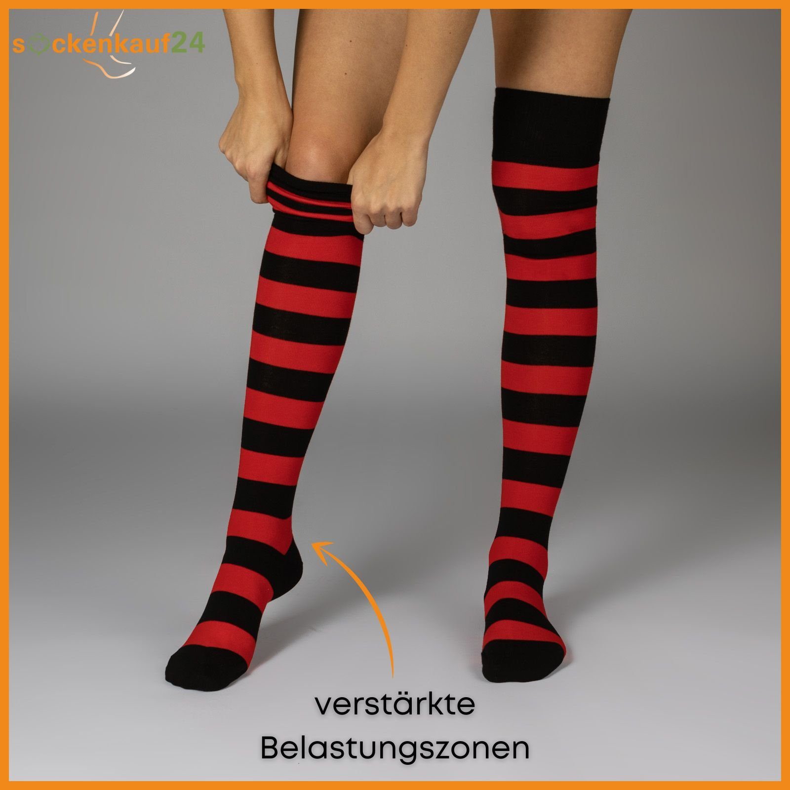 sockenkauf24 Overknees 2 Paar Overknee Strümpfe Damen Kniestrümpfe (Ringel Schwarz/Rot, 39-42) Schwarz Bunt Ringel Baumwolle - 10723 WP