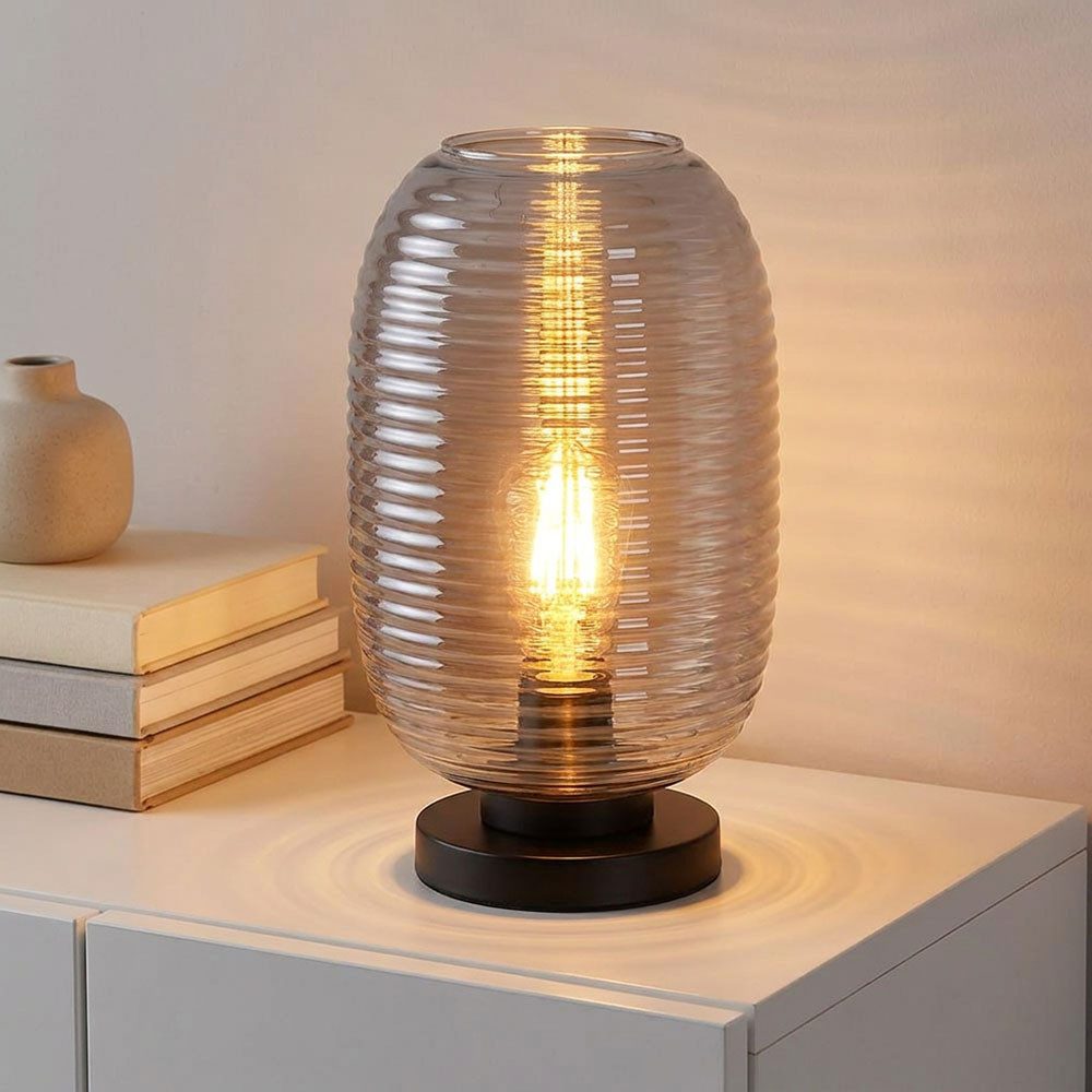 GLOBO LIGHTING LED Tischleuchte, Leuchtmittel inklusive, Warmweiß, LED Tischleuchte Tischlampe Wohnzimmerlampe Glas rauchfarben H 34,5 cm