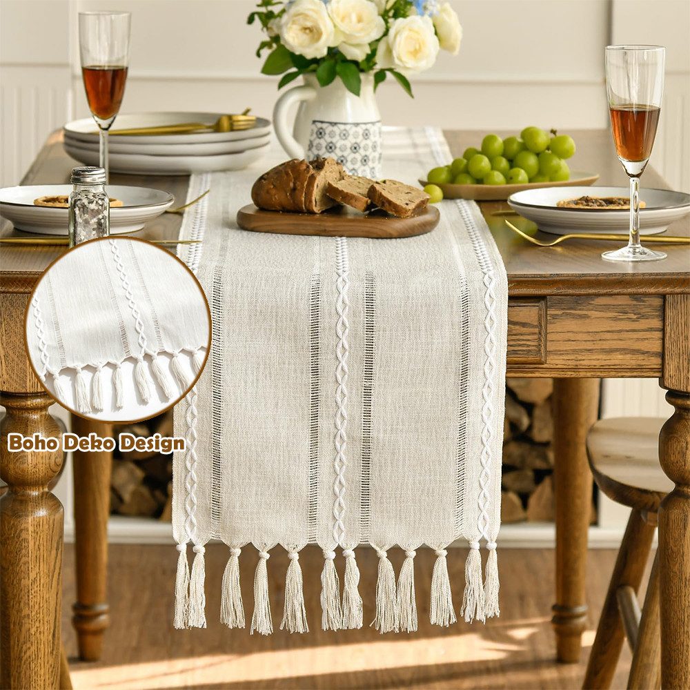 AFKSMILE Tischläufer Tischläufer mit Handquasten, Mode Boho Abwaschbar Tisch Dekoration, Quasten Tischläufer für Heimdekoration Partys, Esszimmer-Dekorationen – Bild 4 von 5