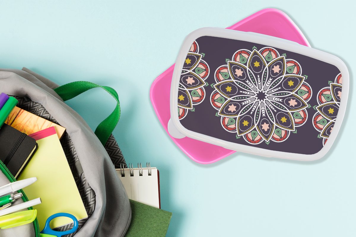 MuchoWow Lunchbox Mandala - Kunststoff rosa Mädchen, Brotdose für Brotbox Stern Entwurf, Erwachsene, Kunststoff, Kinder, Snackbox, (2-tlg), 