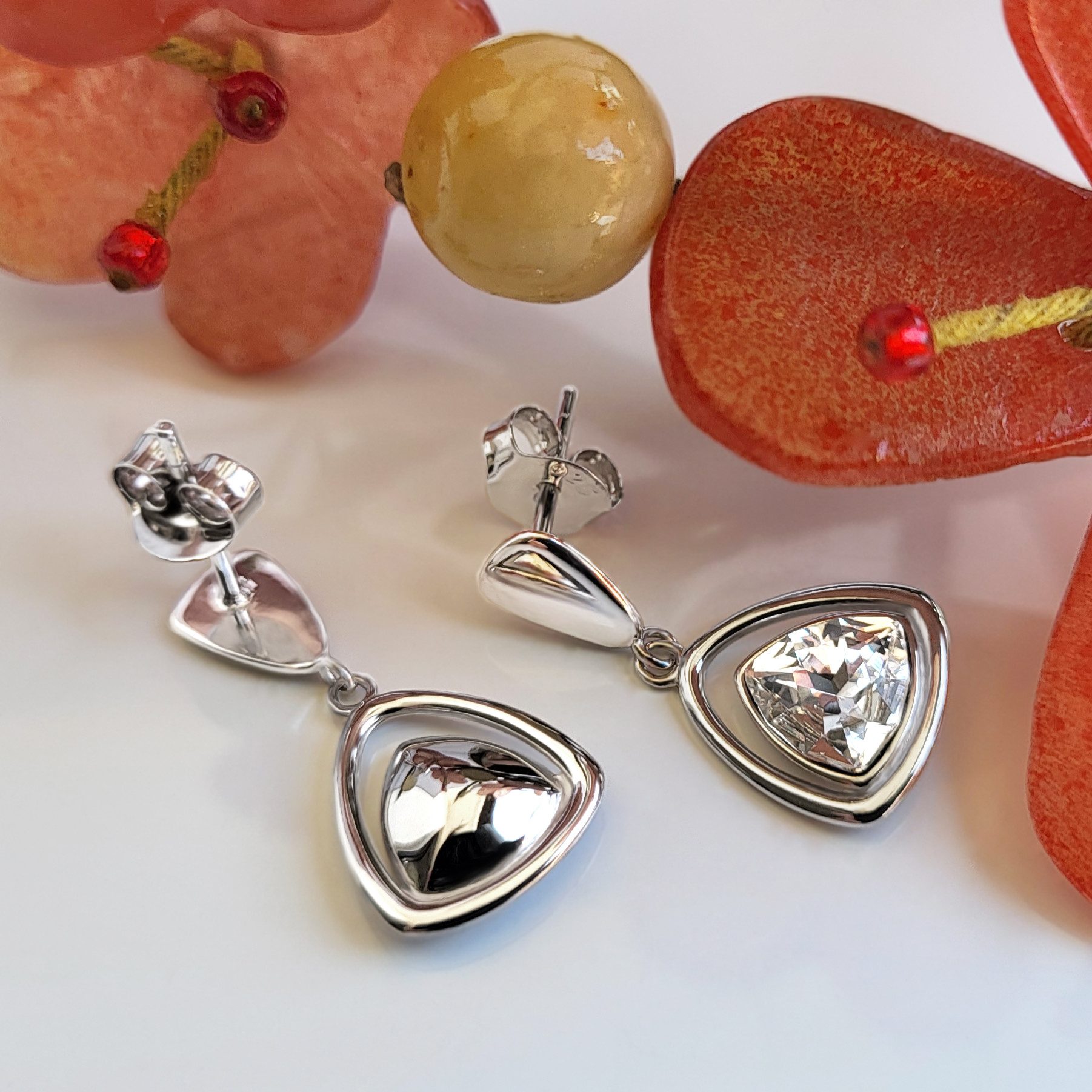Schöner-SD Paar Ohrhänger Dreieck Stecker Ohrringe Trilliant Kristall hängend 925 Silber Rhodium, Silberohrringe mit Markenkristall