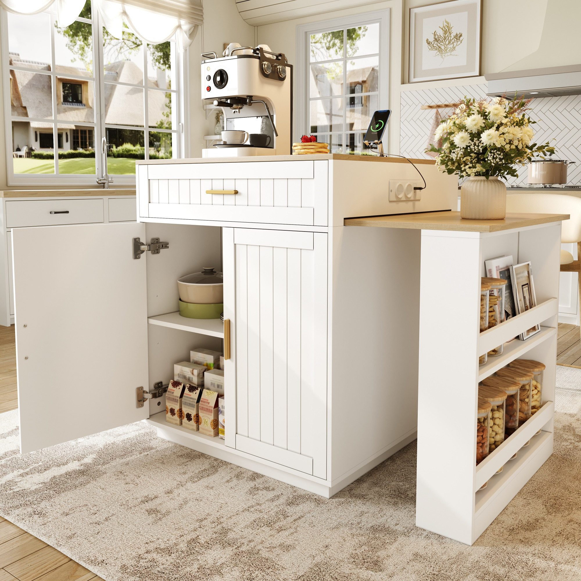 Flieks Kücheninsel mit Steckdosen & Arbeitsplatte inkl. ausziehbarer Esstisch mit Rollen, (verstellbare Länge 121,5-192x70x92 cm), Küchenschrank mit Schubladen & verstellbarer Einlegeböden Weiß