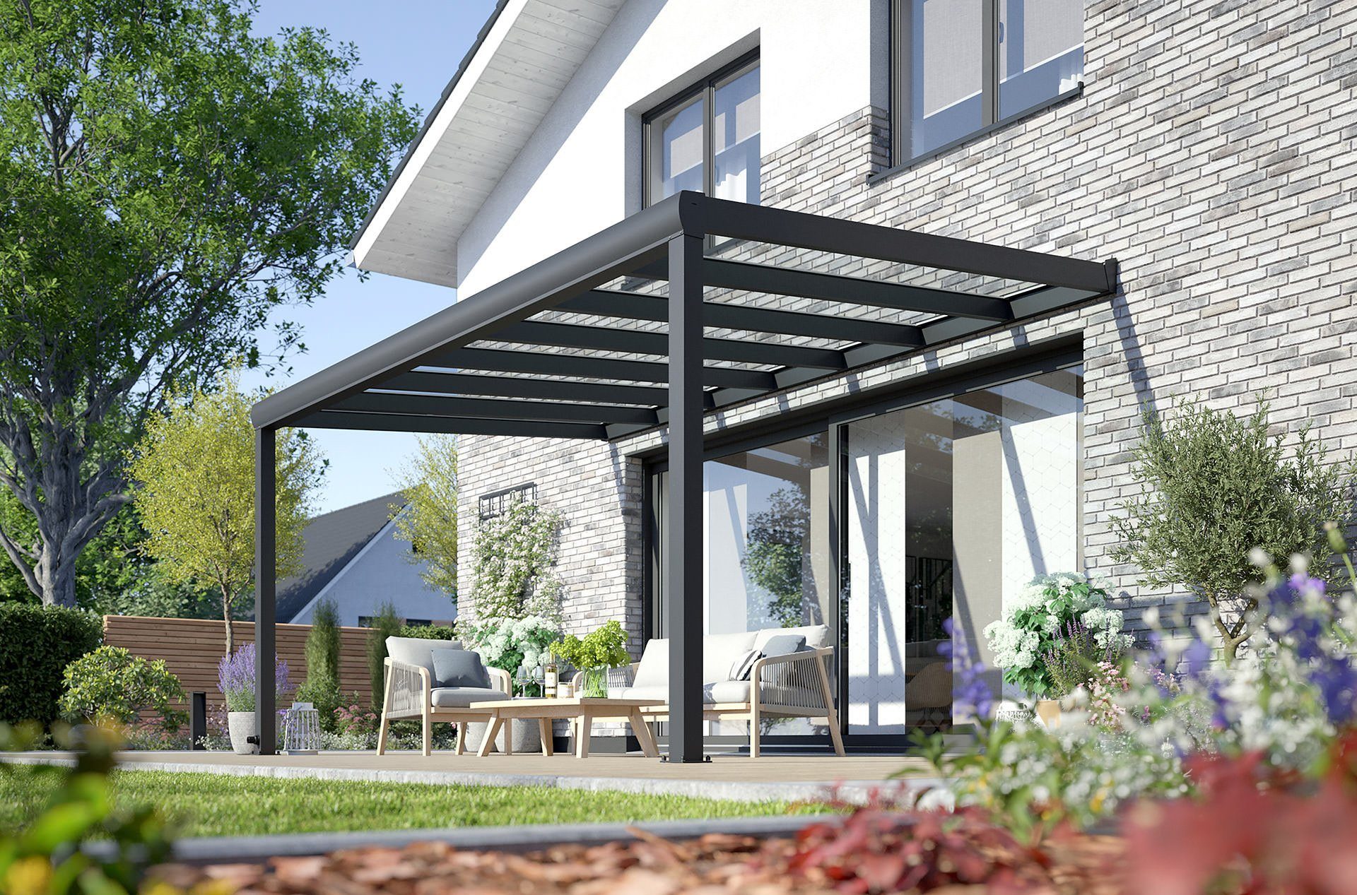 Rexin Terrassendach REXOpremium – hochwertiges Aluminium Terrassendach 5m x 3m, BxT: 506x300 cm, Bedachung VSG-Glas klar oder VSG-Glas grau, mit 4mm starken Profilen, Terassenüberdachung, Vordach