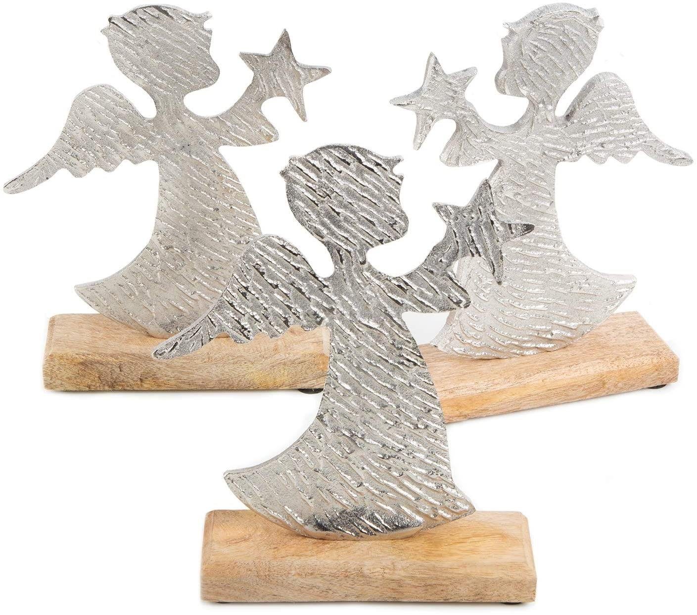 Logbuch-Verlag Weihnachtsfigur 3 Schutzenge Figuren Silber braun Holz + Metall (Set, 3 St), Engel steht auf einem Podest aus Mango Holz