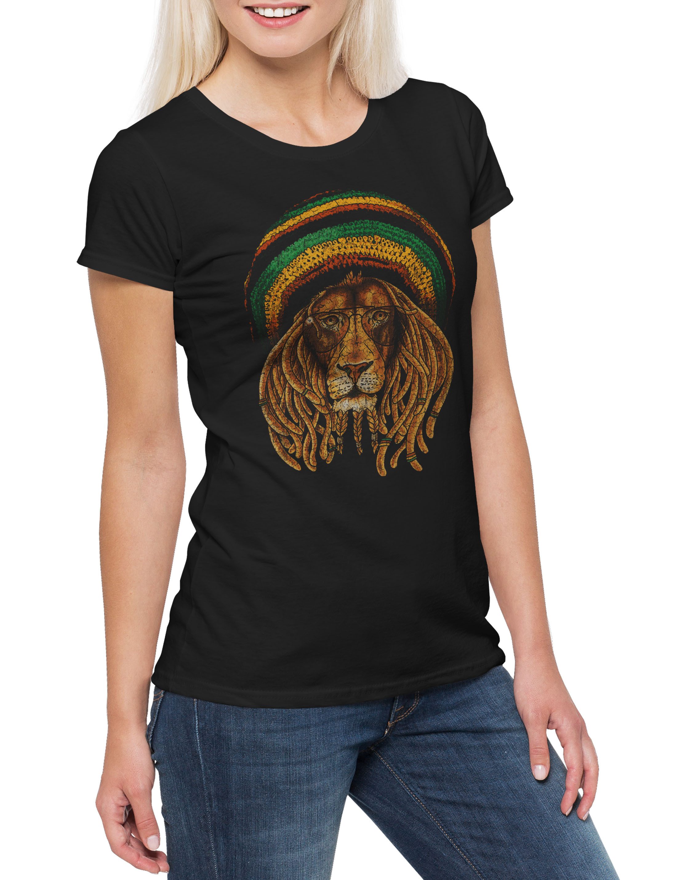 Print-Shirt Reggae Lion III Damen T-Shirt Music Jah Babylon Musikfari