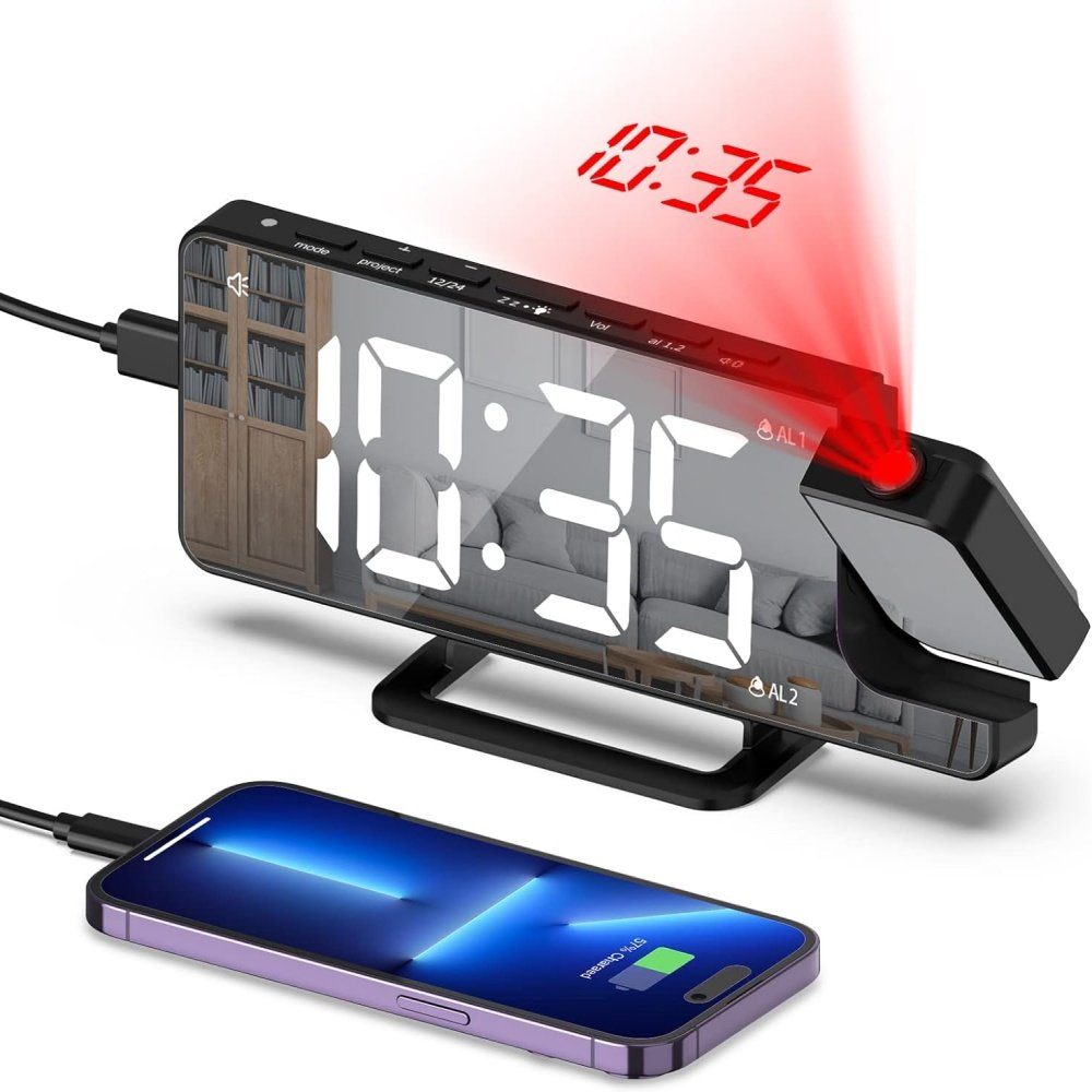 BlingBin Projektionswecker Wecker mit Projektion 180 ° Wecker Digitaler mit Snooze Dual-Alarm LED-Spiegelbildschirm 6 Helligkeit