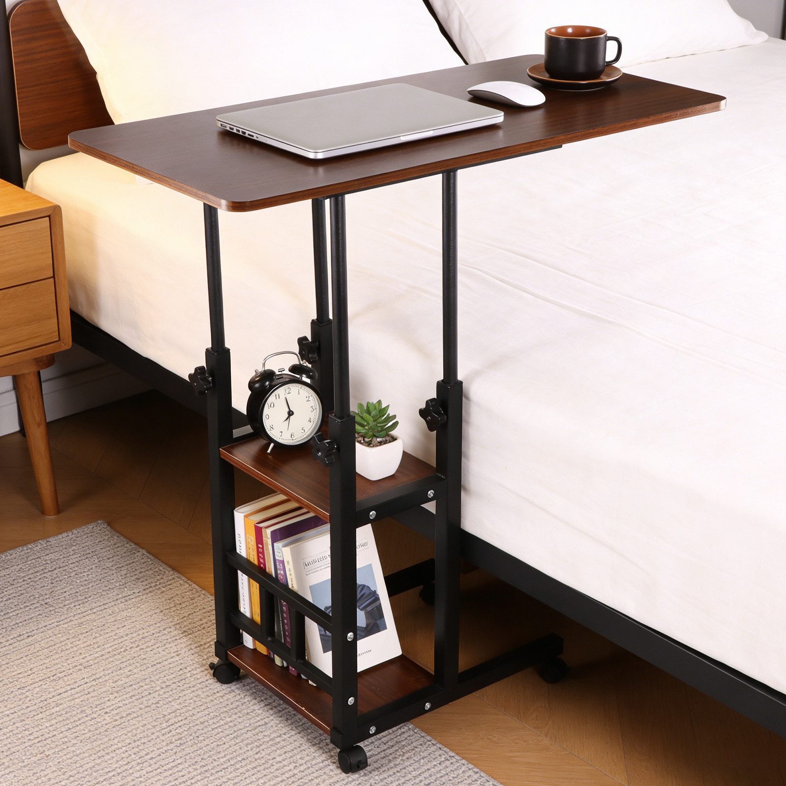 BlingBin Beistelltisch 3-stufiger Beistelltisch mit 4 Rädern, Höhenverstellbarer Kaffeetisch (1er Set, 1-St., Produktabmessungen: 80*40*65-91cm), 360 ° Drehbarer C-förmiger Teetisch für Wohnzimmer Arbeitszimmer