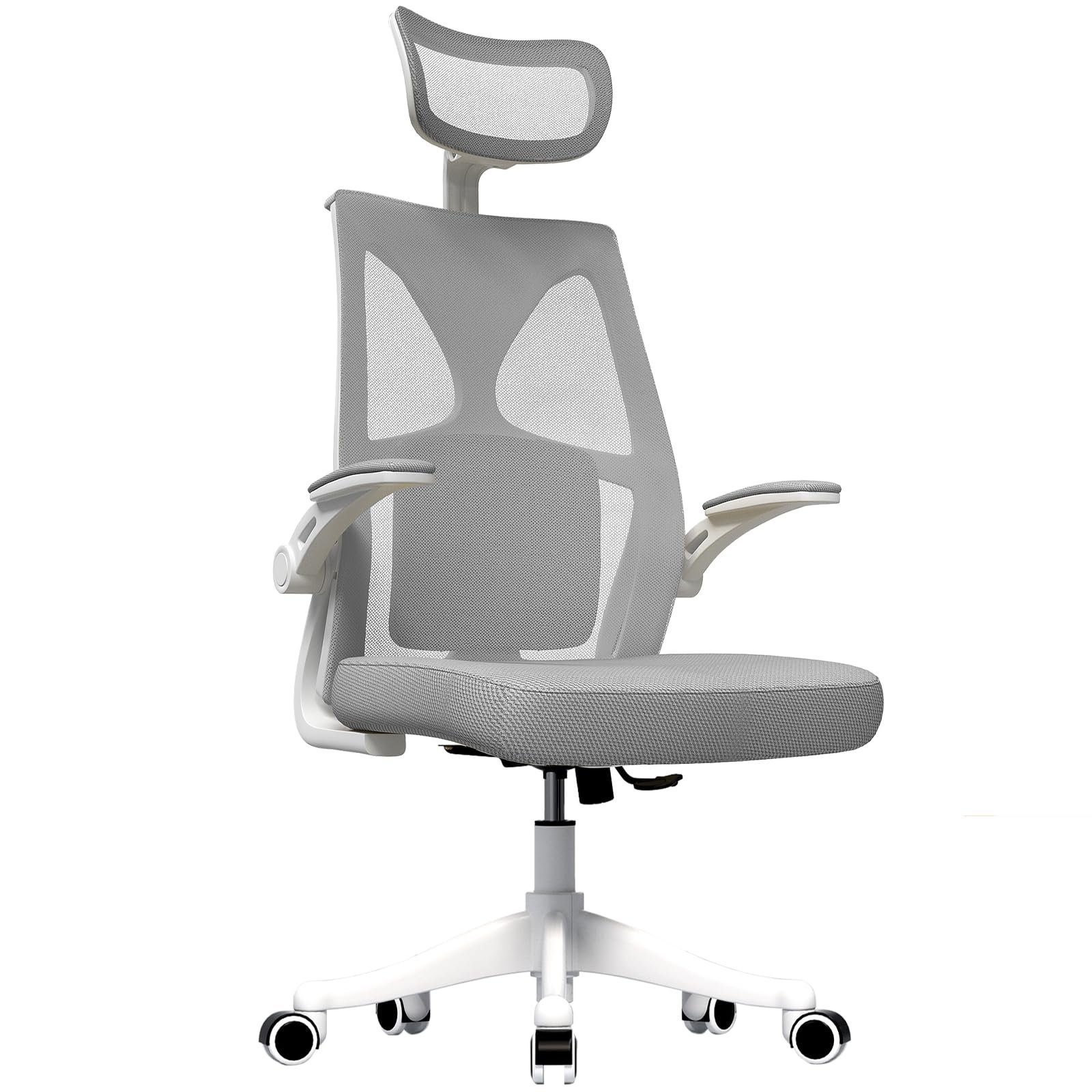 UISEBRT Bürostuhl Bürostuhl Ergonomisch Schreibtischstuhl Drehstuhl, mit Verstellbarer Kopfstütze Armlehnen, 150kg Blastbar Grau