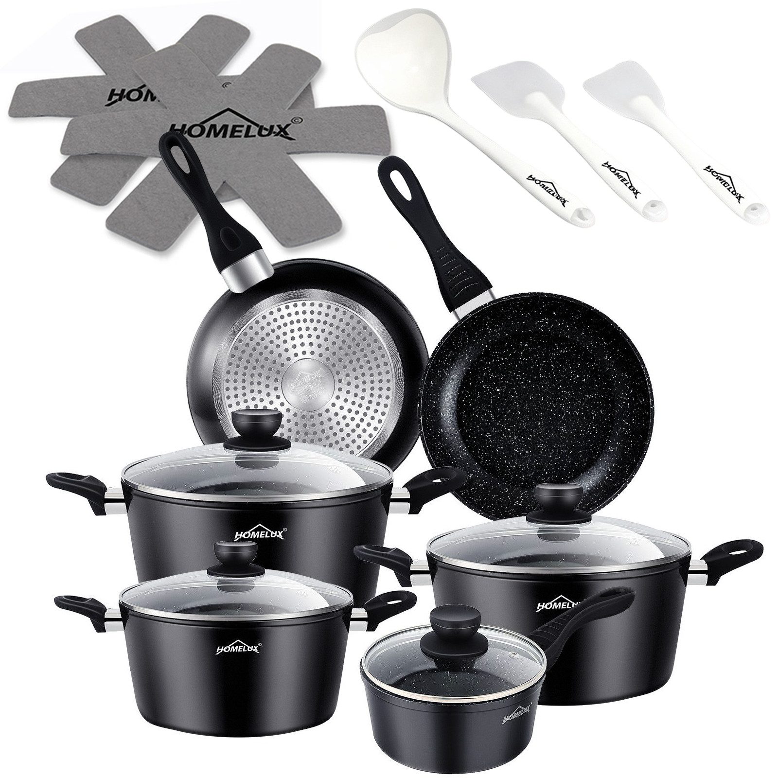 HOMELUX Topf-Set Induktions Töpfe Set Classic Antihaftbeschichtung Kochtopfset, Aluminium (Kochgeschirr-Set, 15-tlg., 3x Kochtopf, 2x Bratpfanne,1x Saucentopf,4x Glasdeckel,5x Zubehör), Induktionsgeeignet