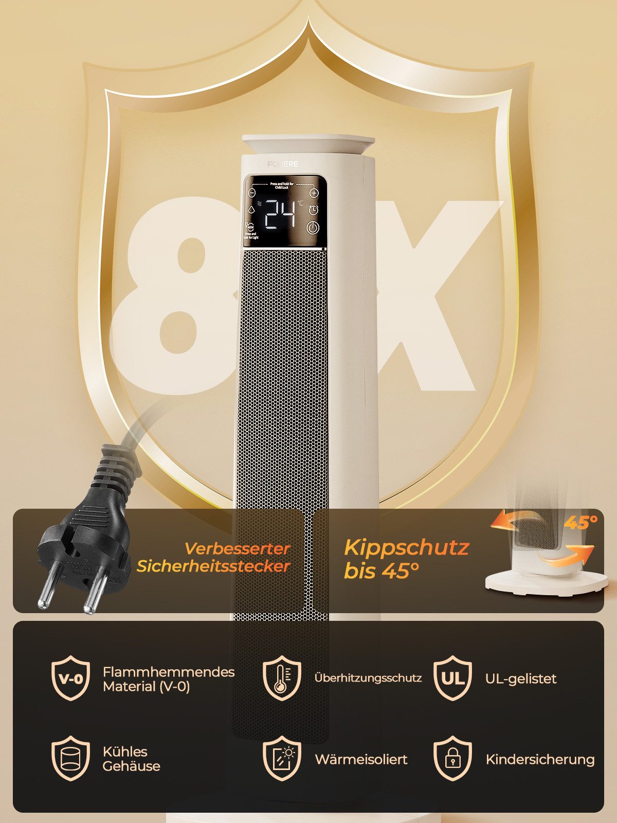 FOHERE Heizlüfter 4-in-1 Heizlüfter Energiesparend, 2000W PTC Elektroheizung, 70° Oszillation, Fernbedienung, Kipp- & Überhitzungsschutz – Bild 5 von 5