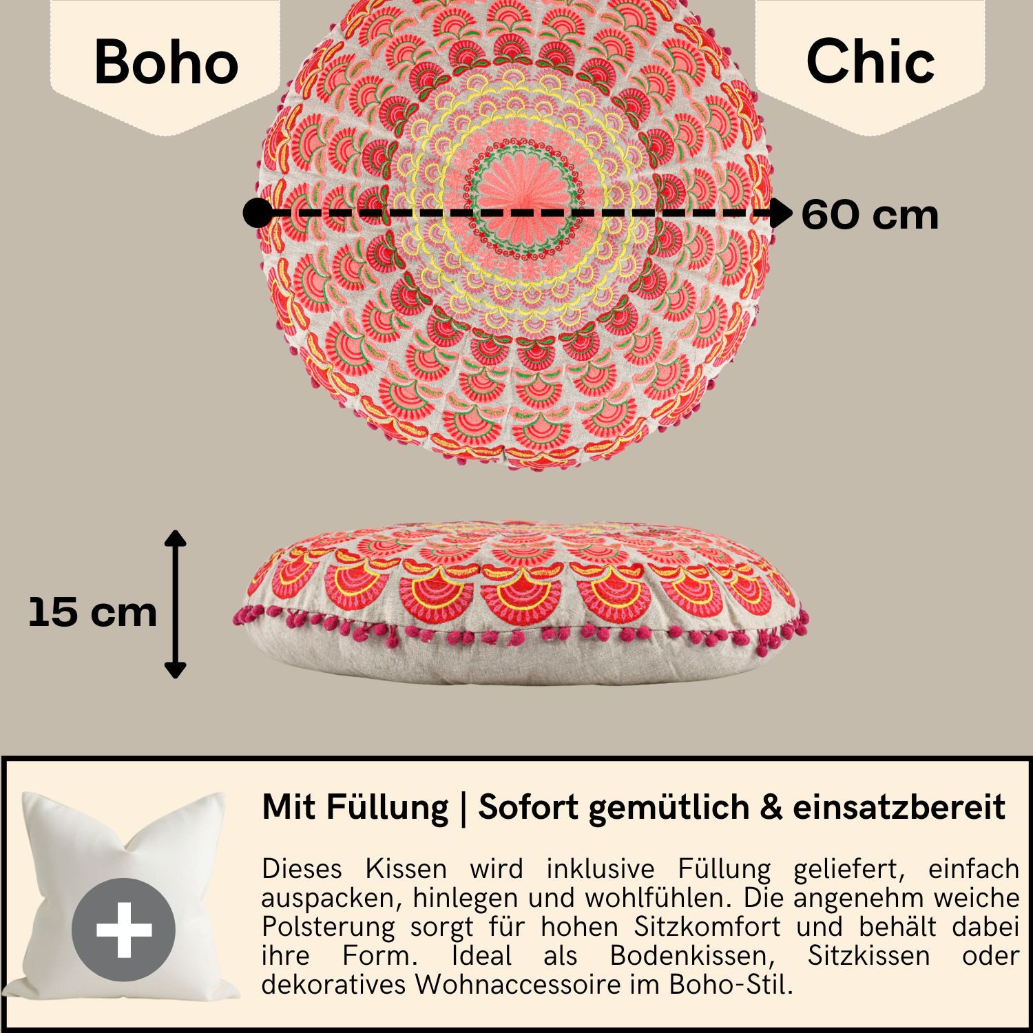 Marrakesch Orient & Mediterran Interior Bodenkissen Boho Bodenkissen Garet handgefertigt aus Baumwolle in Orange 60 cm
