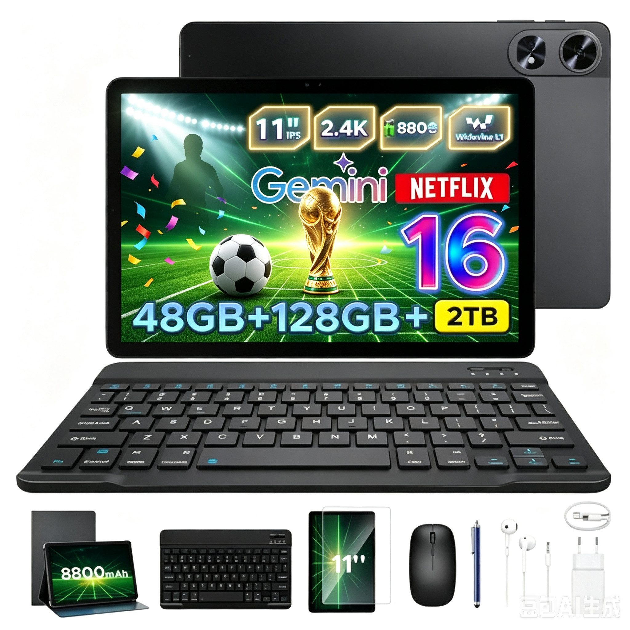 Aorlym P11 Pro Android 16 Tablet mit Tastatur,90Hz,128GB ROM,8800mAh,11 Zoll Tablet (11", 128 GB, Android 16, WiFi, 48GB RAM (8 + 40 GB erweitert), GPS, Face ID, 5G WiFi, Gemini AI)