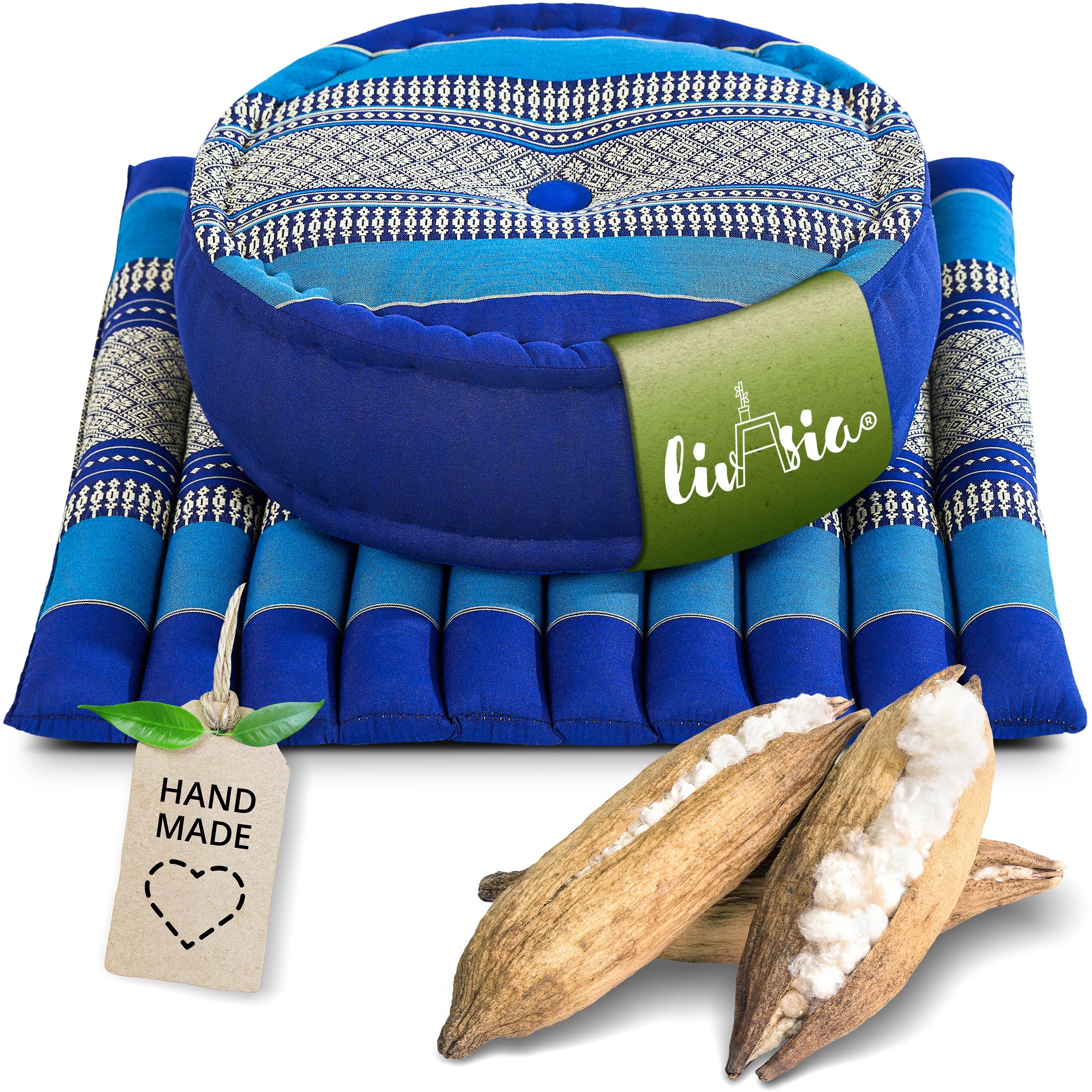 livasia Meditationskissen Yogakissen Set L - Zafu Ø 38x15cm / Matte 50x50x4,5cm, Kapok, vegan, handgefertigt