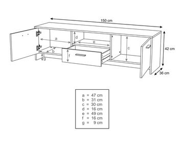 Domando Lowboard Lowboard Matera (1 St), Breite 150cm, Soft-Close-Funktion, gebürstete Aluminiumgriffe