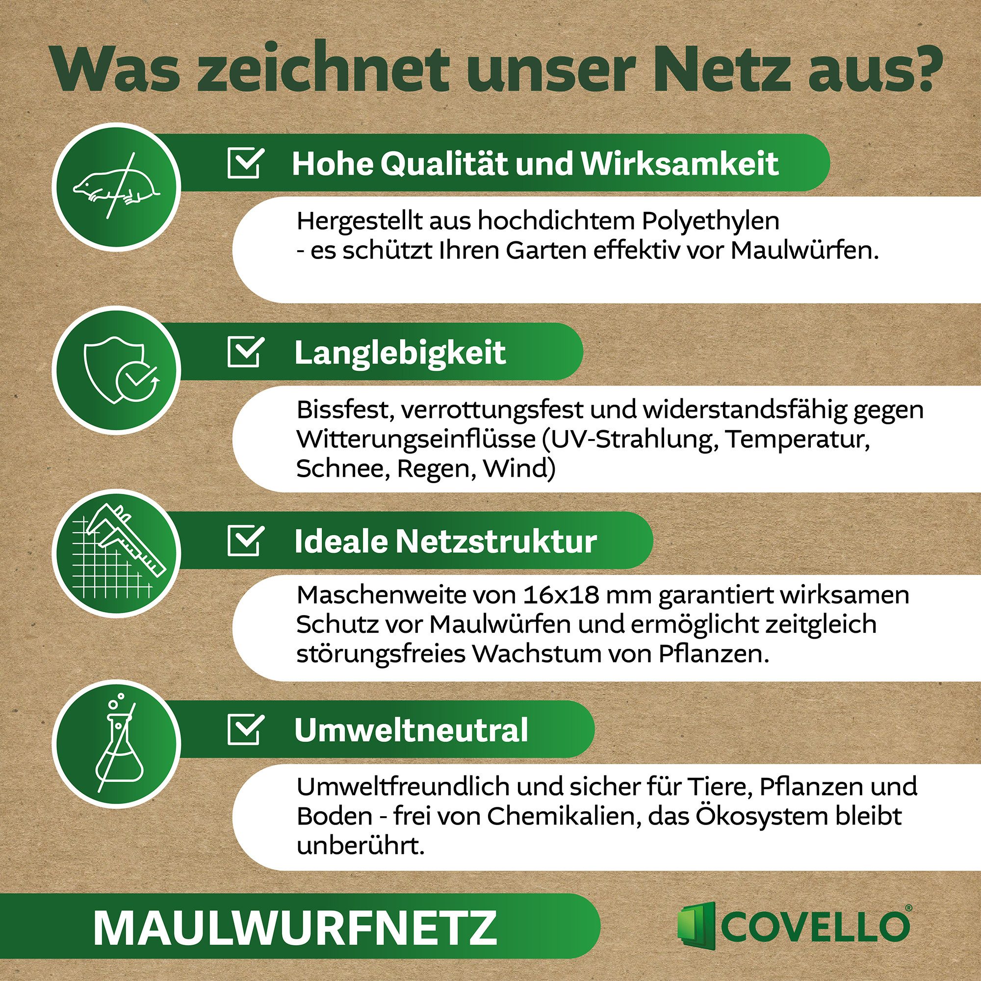 Covello Maulwurfgitter Maulwurfnetz Premium Line 35g/m² Maulwurfschutz Laubschutznetz, 5000x150x0,02 cm, 50m x 1,5m = 75m², Teichnetz Gartennetz Vogelschutznetz – Bild 5 von 5