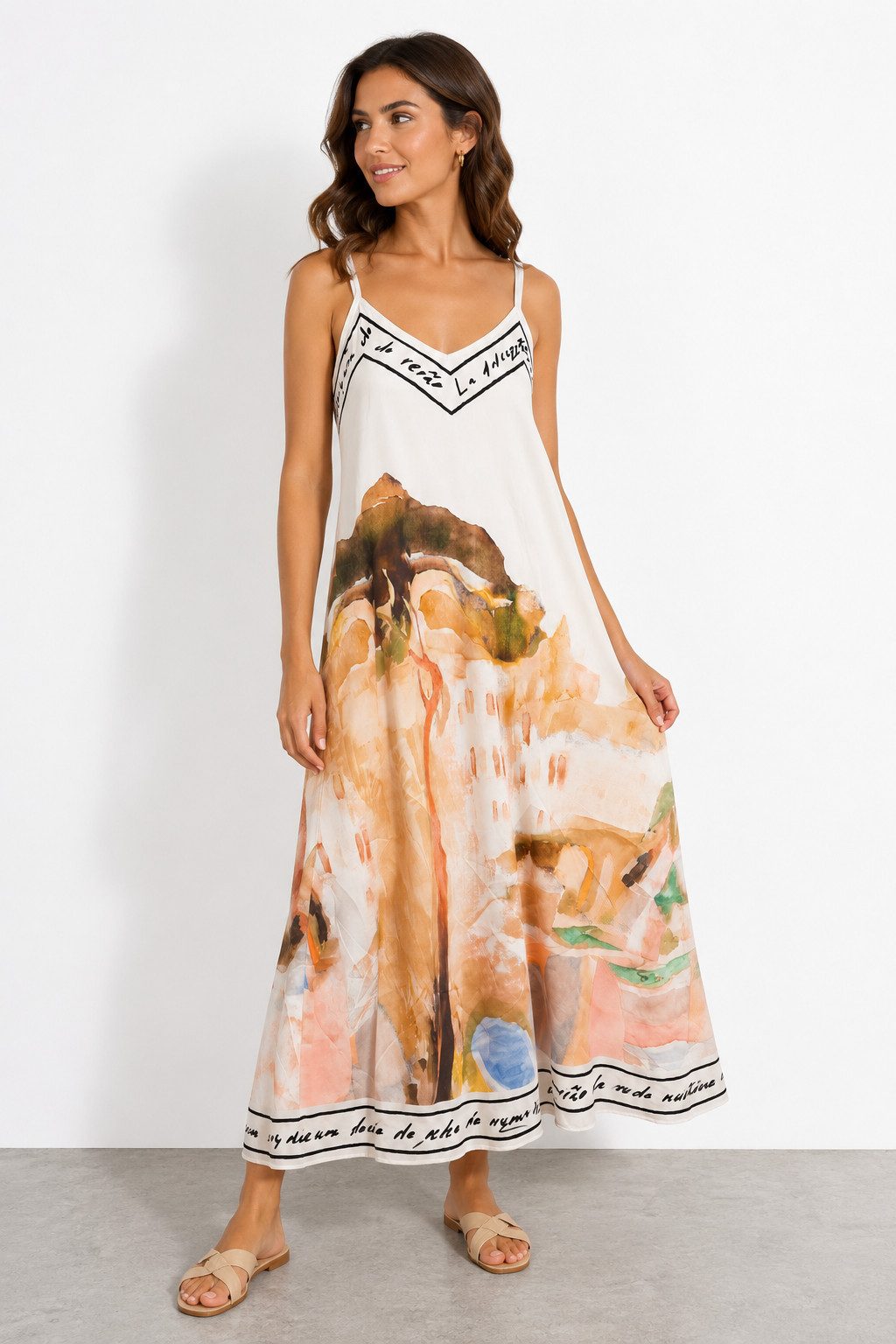 ITALY VIBES Sommerkleid - A-Linien Kleid mit Aquarell Print - Damen Kleid in Satin-Optik ONE SIZE - passend für Größen M bis XL