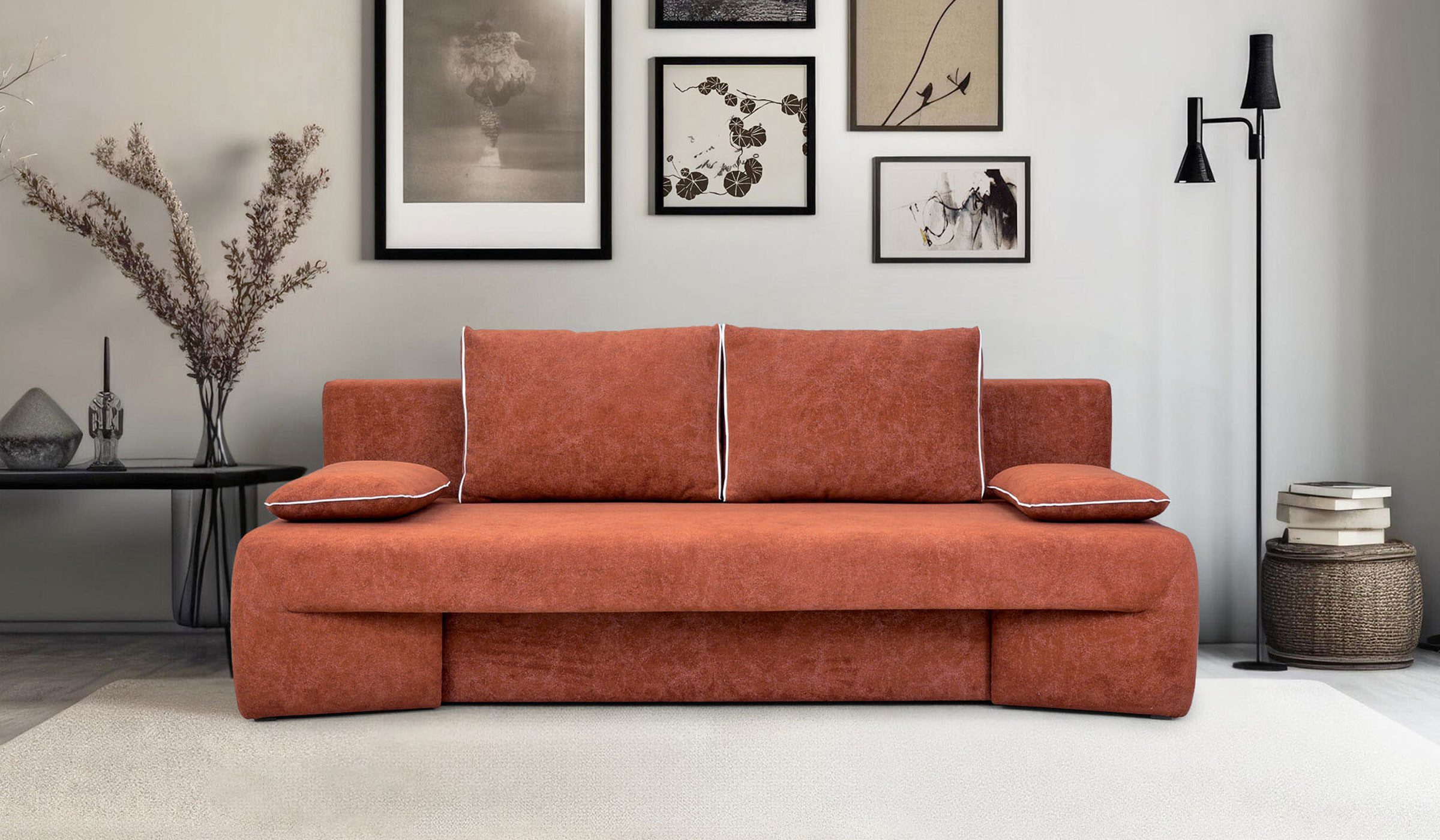 Hygger Möbelhaus Schlafsofa Erial mit Bettfunktion und Bettkasten, Liegefläche: 150 x 210 cm, Versandkostenfrei innerhalb Deutschlands, Hergestellt in Europa, Inkl. 2 Zierkissen.