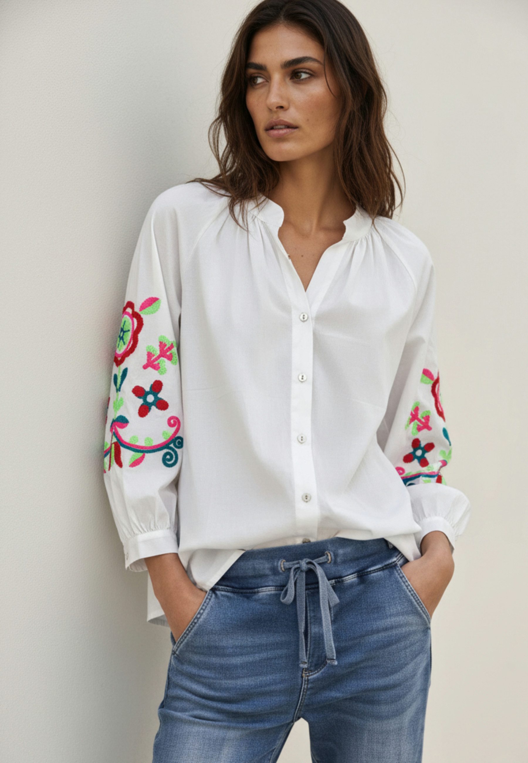 Andijamo-Fashion Hemdbluse SUMMER FOLK Baumwollbluse mit Stickerei