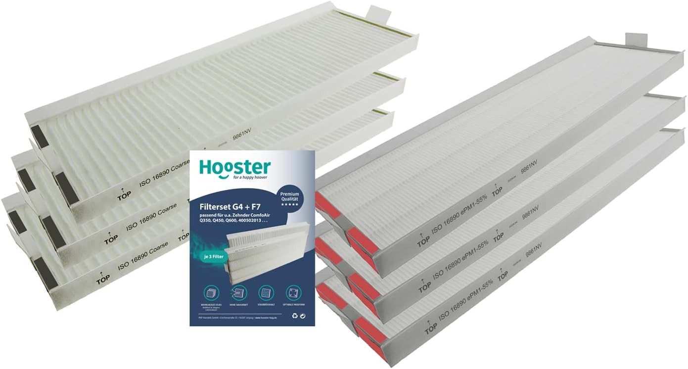 Hooster Luftfilter für Zehnder Filter ComfoAir Q350 (NICHT ComfoAir 350) / Q450 / Q600, Filter G4 + F7 je 3 Stück
