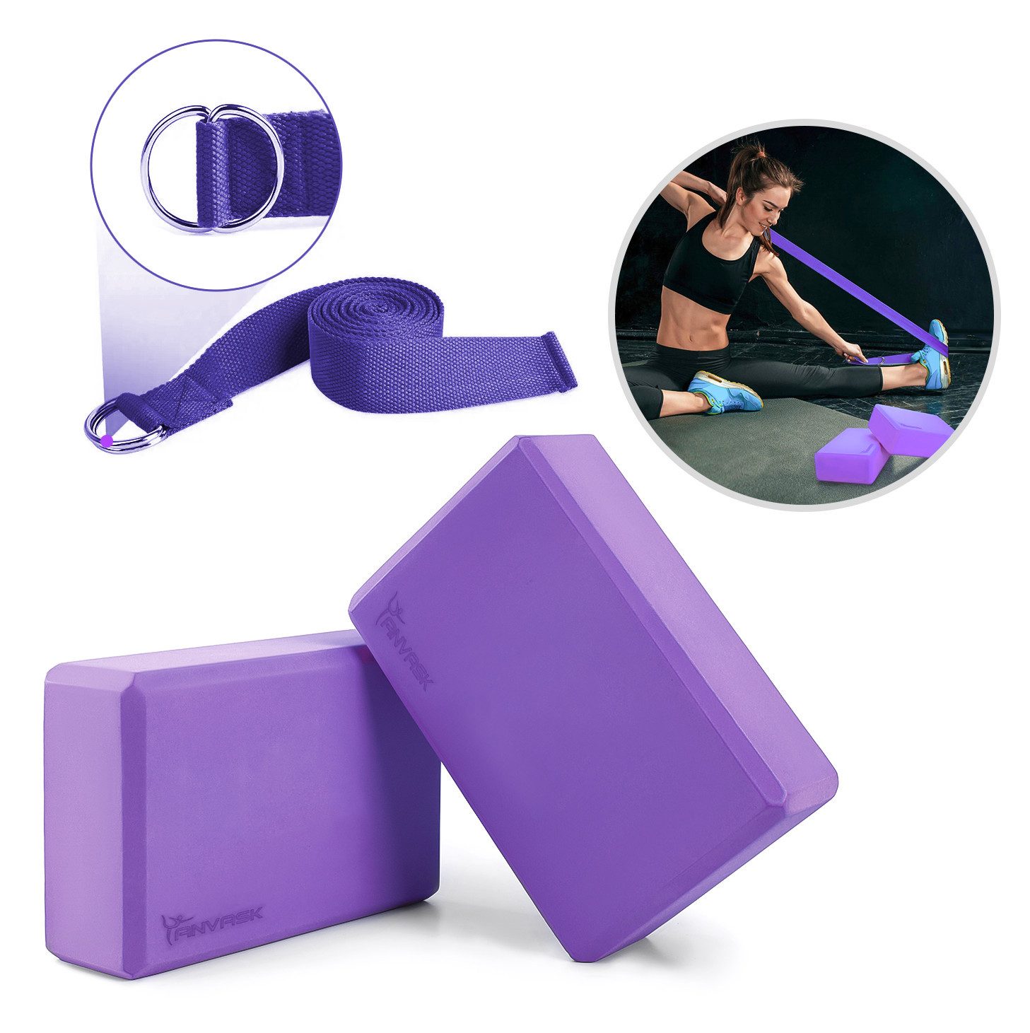 ANVASK Yogablock 2er Set Yogablock & Gurt – Pilates und Fitness Zubehör, (Komplett-Set, 3-tlg., 2x Yogablock mit Gurt), Vielseitiges Yoga-Set, Hochdichter EVA-Schaum, Sicherer Dehngurt