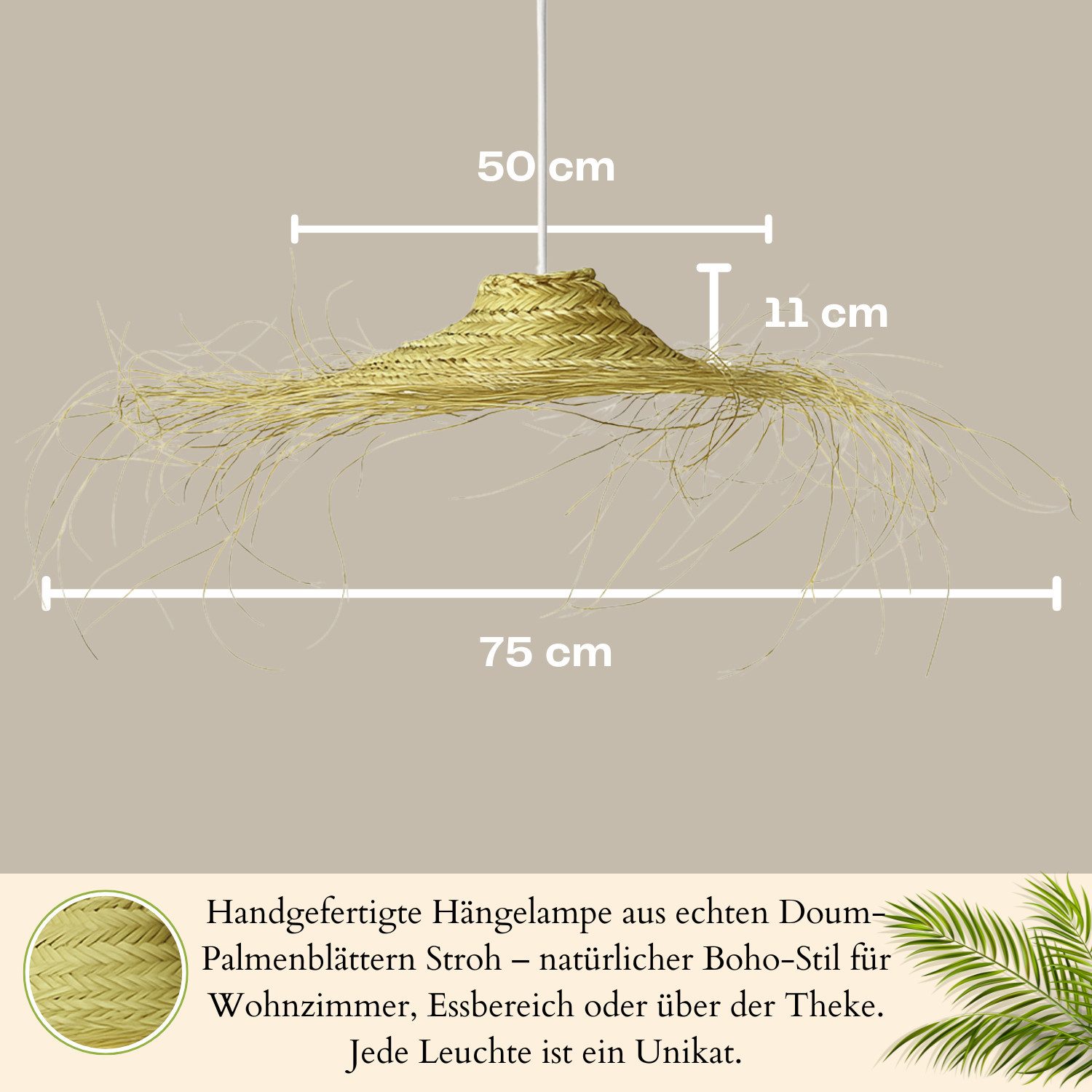 Marrakesch Orient & Mediterran Interior Pendelleuchte Boho Pendelleuchte Mayari modern Lampe aus Palmenblatt in Natur 50 cm, Handarbeit