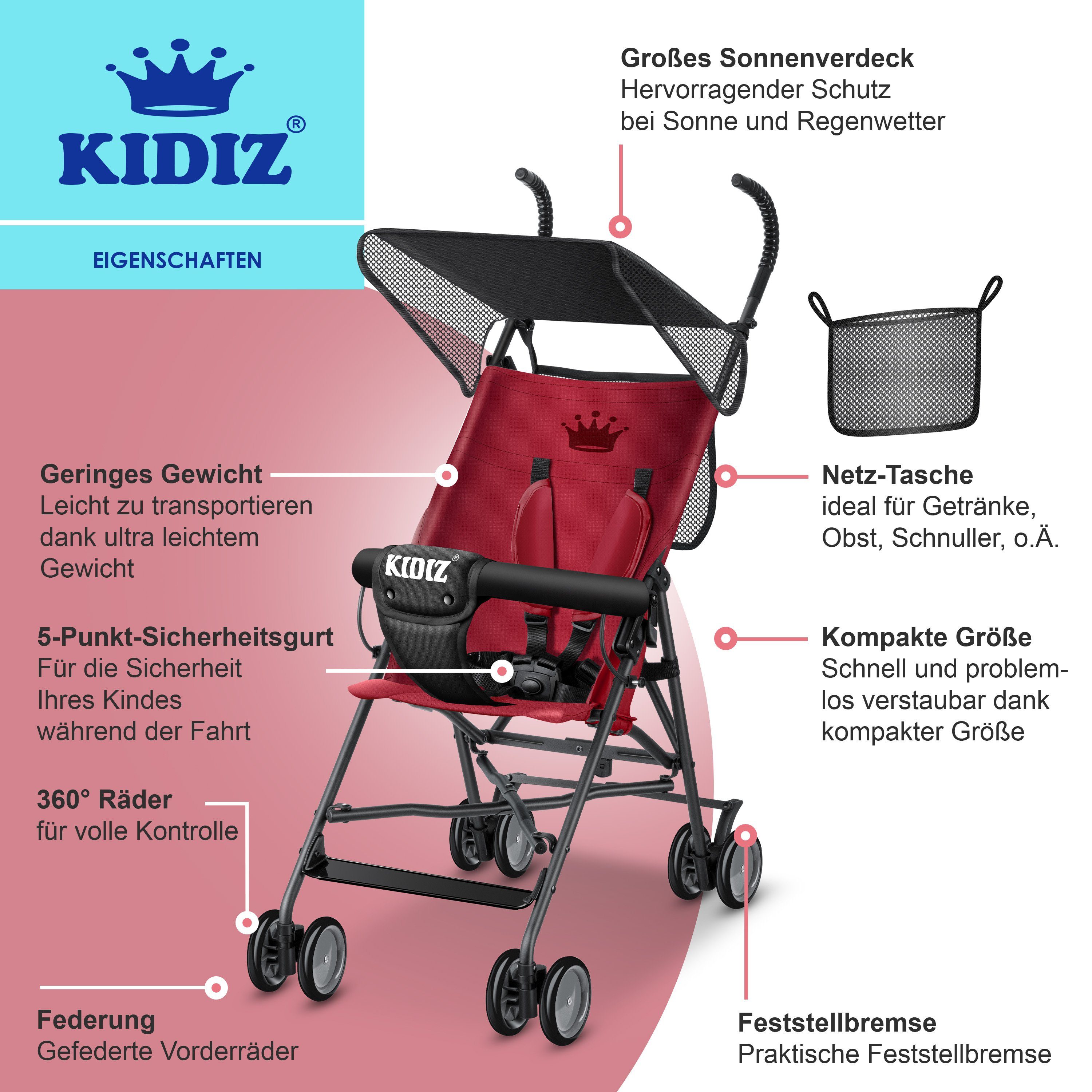 KIDIZ Kinderbuggy Faltbar Buggy Sportwagen Kinderwagen bordeaux Kombi-Kinderwagen, CITY klappbar