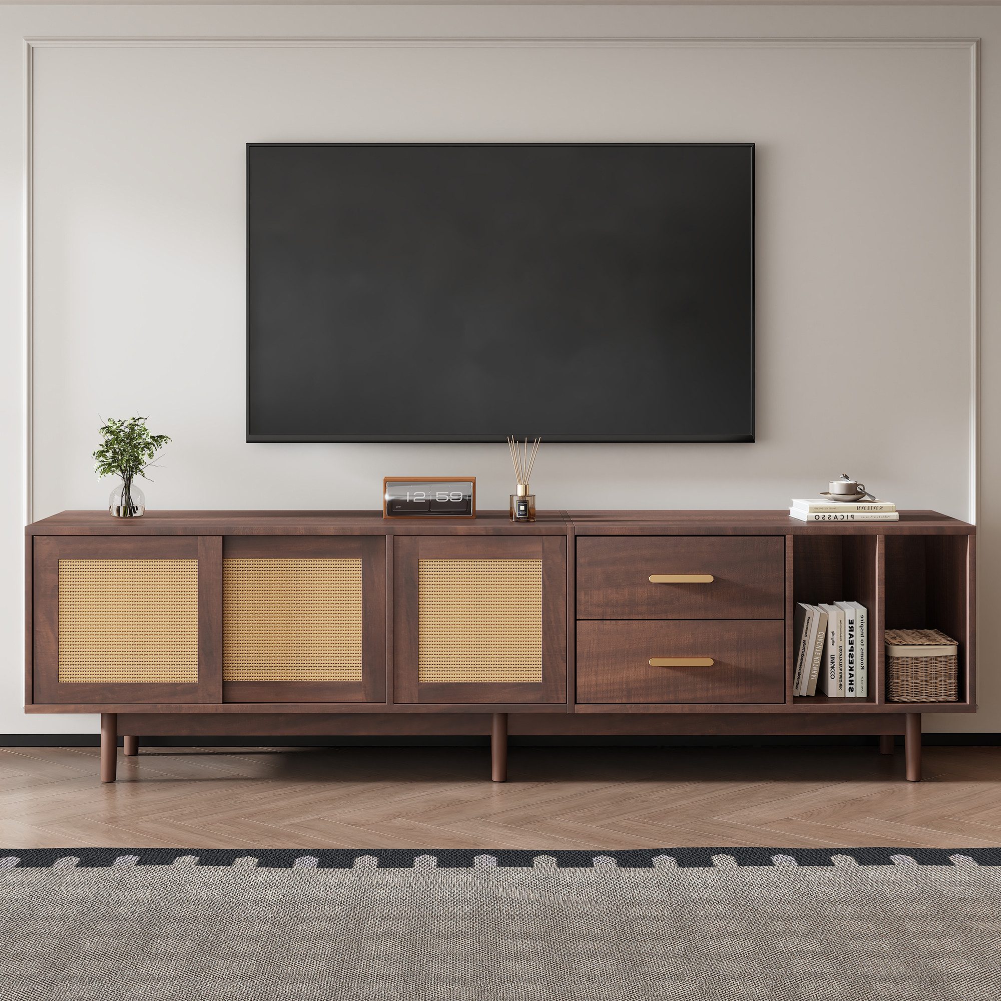 Merax Lowboard Rattan Fernsehtisch (1 St), TV-Schrank mit Rattan-Schiebetüren,Schubladen & 6 Holzbeinen,B:190cm