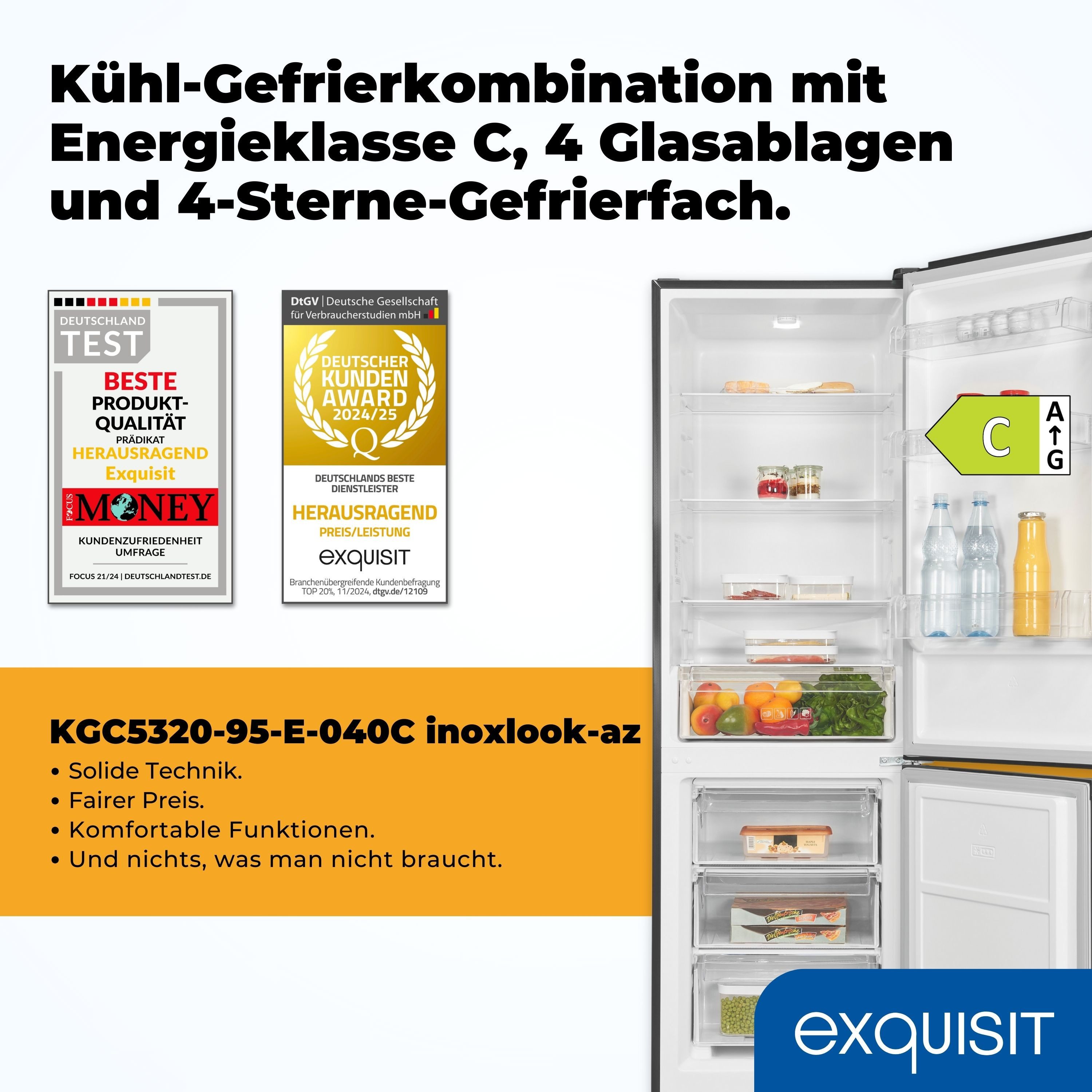 exquisit Kühl-/Gefrierkombination KGC5320-95-E-040C, 185.8 cm hoch, 60 cm breit, verstellbare Glasablagen, optischer Alarm, höhenverstellbare Füße – Bild 2 von 5