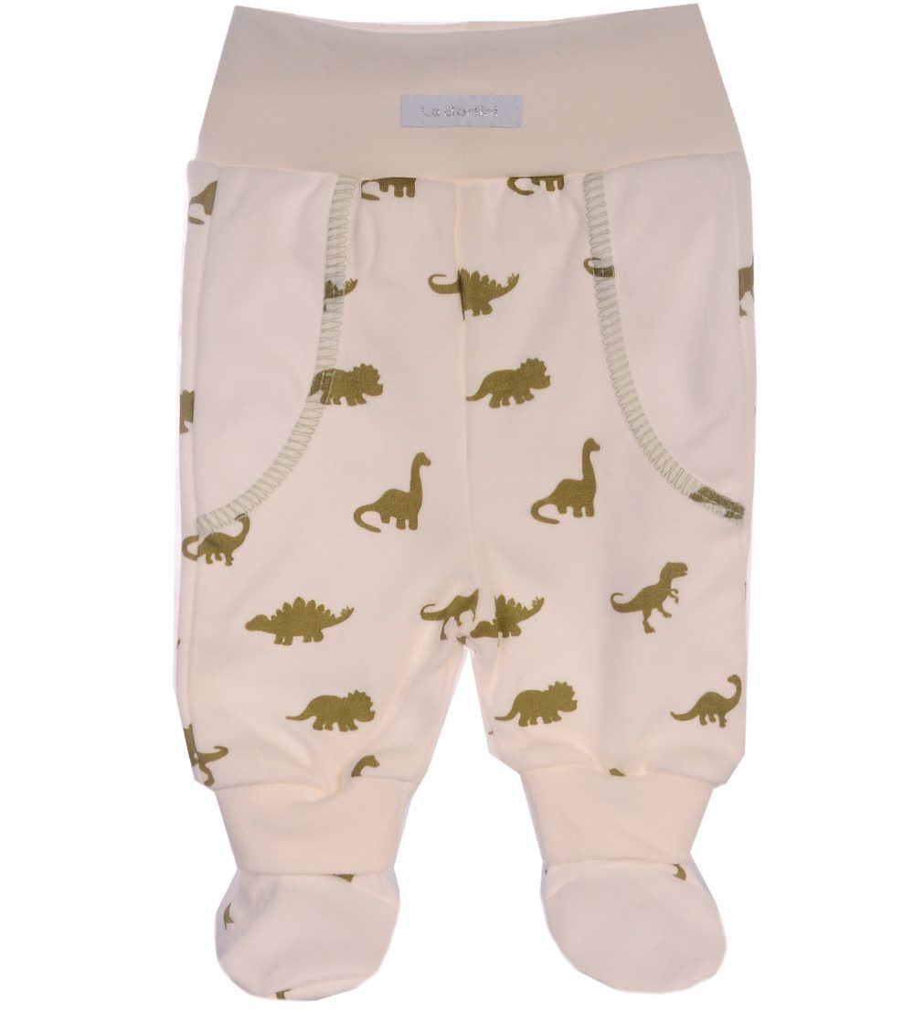 Schlupfhose Baby Hose mit Füßche in creme gelb oder grau mit Dino Muster
