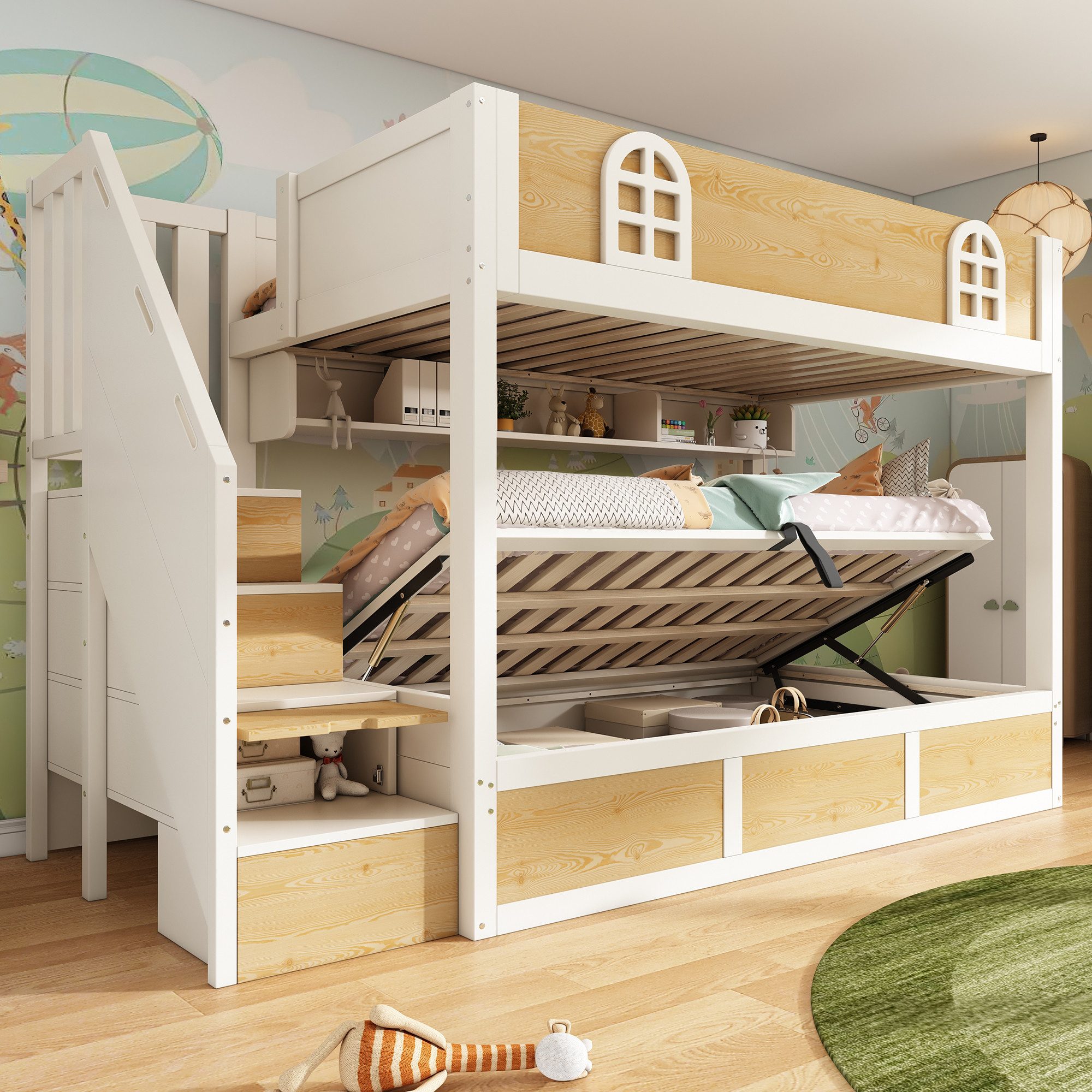 OKWISH Hochbett 90x200 cm mit Treppenschrank und Stauraum – Etagenbett Weiß/Natur (1-St., Treppenschrank Lattenroste und Rausfallschutz) Holzbett mit hydraulischem Stauraum (ohne Matratzen)