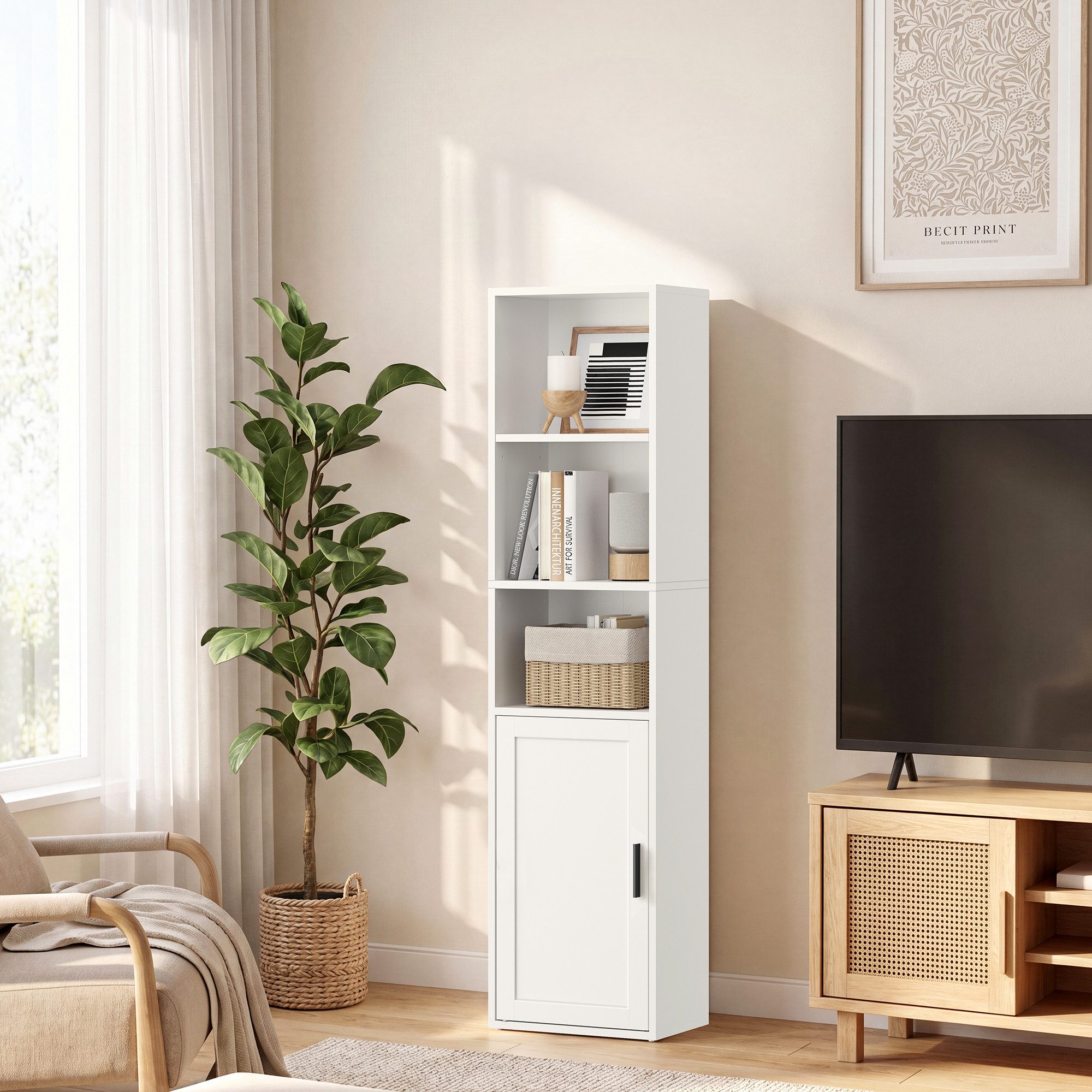 VASAGLE Bücherregal Standregal mit Tür, für Wohnzimmer, Homeoffice, Esszimmer, 31,8 x 24 x 145,9 cm, für Wohnzimmer, Homeoffice, hohes Regal, mit Tür – Bild 2 von 5