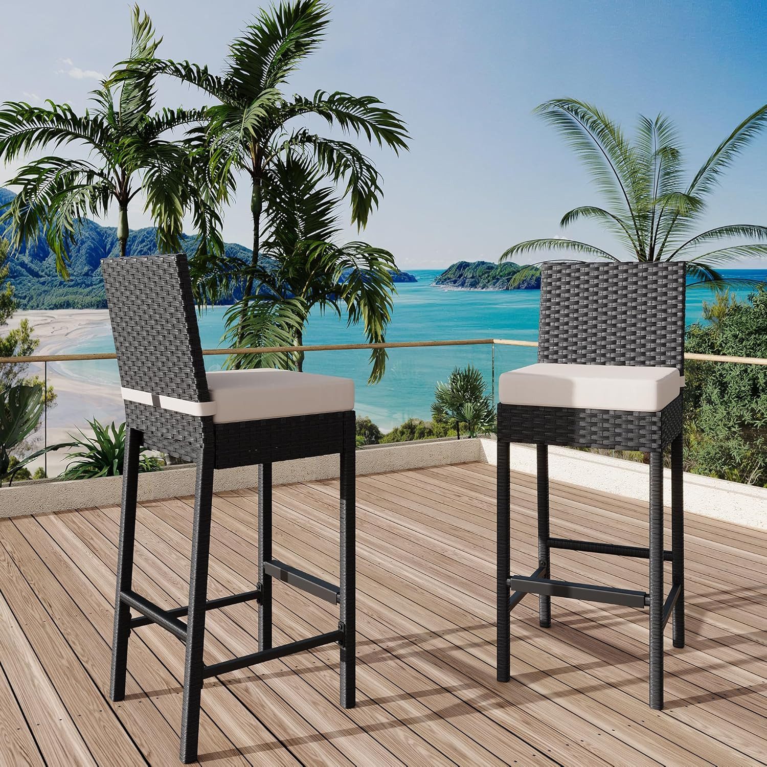 GarveeMore Barhocker geflochtene Outdoor,Rattan-Terrassenbarstühle und ohne Armlehnen (2 St), Barstuhl für den Außenbereich mit weichem Sitzkissen