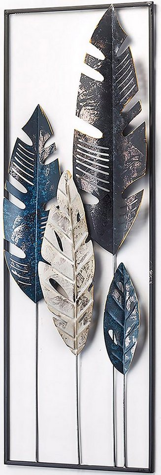 Kobolo Wandbild Metallbild LEAFS in Blau- und Grautönen, Vintage- und Used  Look