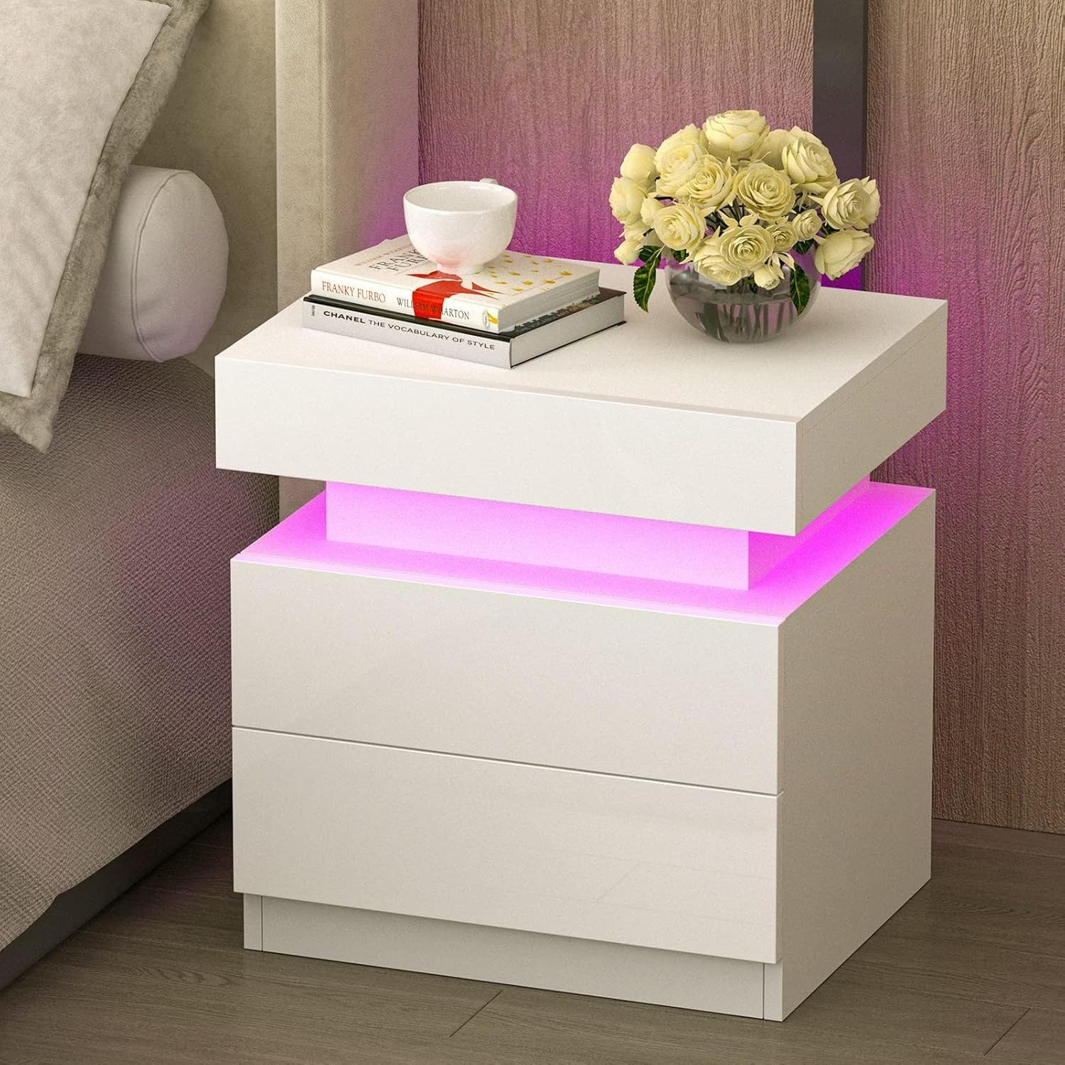 oyajia Nachttisch Hochglanz Nachtschrank mit 2 Schubladen,LED-Beleuchtung 16 Farben (Nachttisch mit LED Streifen, Beistelltisch), Nachttisch mit einstellbare Fa – Bild 4 von 5