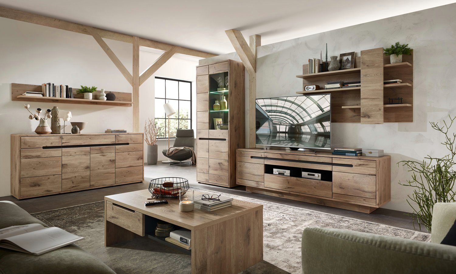 moebel-dich-auf Wohnwand BELLINZONA, (Wohnzimmer-Set, Vitrine + Wandboard + günstig online kaufen