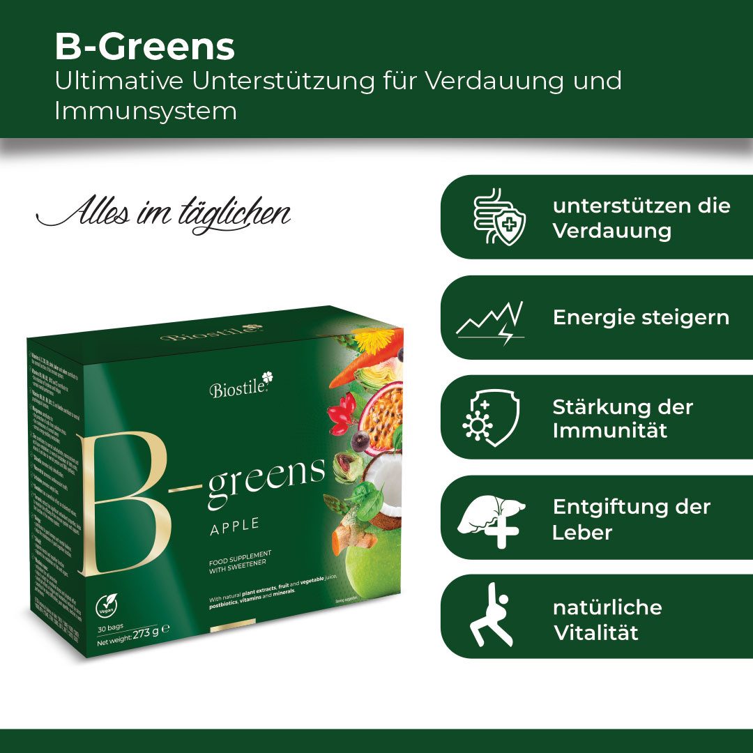 Biostile B-Greens Pulver mit Postbiotika für Verdauung, Energie, Immunsystem - Beutel, 273 g, Mit Spirulina, Chlorella und Artischocke, 30 Beutel