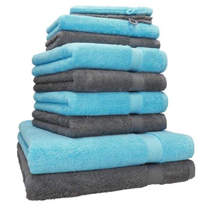 Betz Handtücher 10-tlg. Handtuch-Set Premium 100% Baumwolle 2 Duschtücher 4 Handtücher 2 Gästetücher 2 Waschhandschuhe Farbe Türkis & Anthrazit 100% Baumwolle (10-tlg)