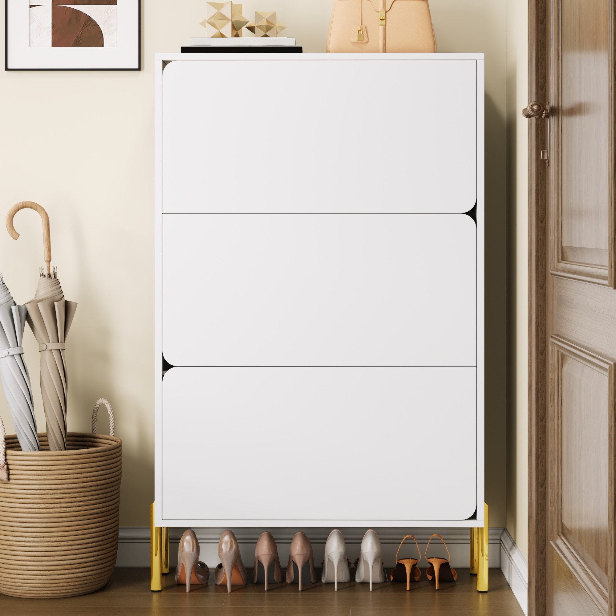 REDOM Schuhschrank 73x120x24 cm in Weiß mit 3 Türen und goldenen Beinen (Packung, 1-St., Großes Fassungsvermögen, Stilvoll und praktisch) Moderner, Geeignet für den Eingangsbereich oder das Foyer.