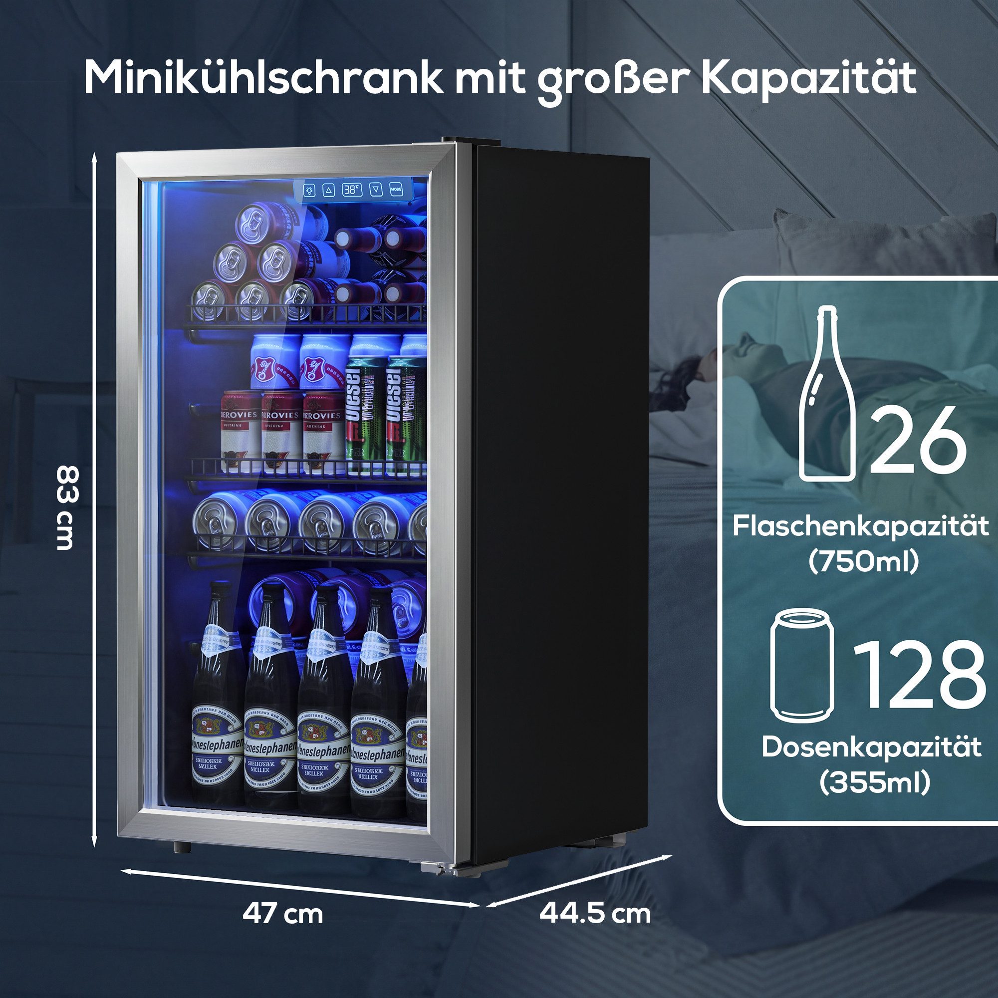 Furnicopia Getränkekühlschrank 90L, Doppelglas, LED, leiser Betrieb, silberner Aluminium-Rahmen KVC-90A, LED-Touch, verstellbare Füße & Ablagen, silberner Alu-Rahmen