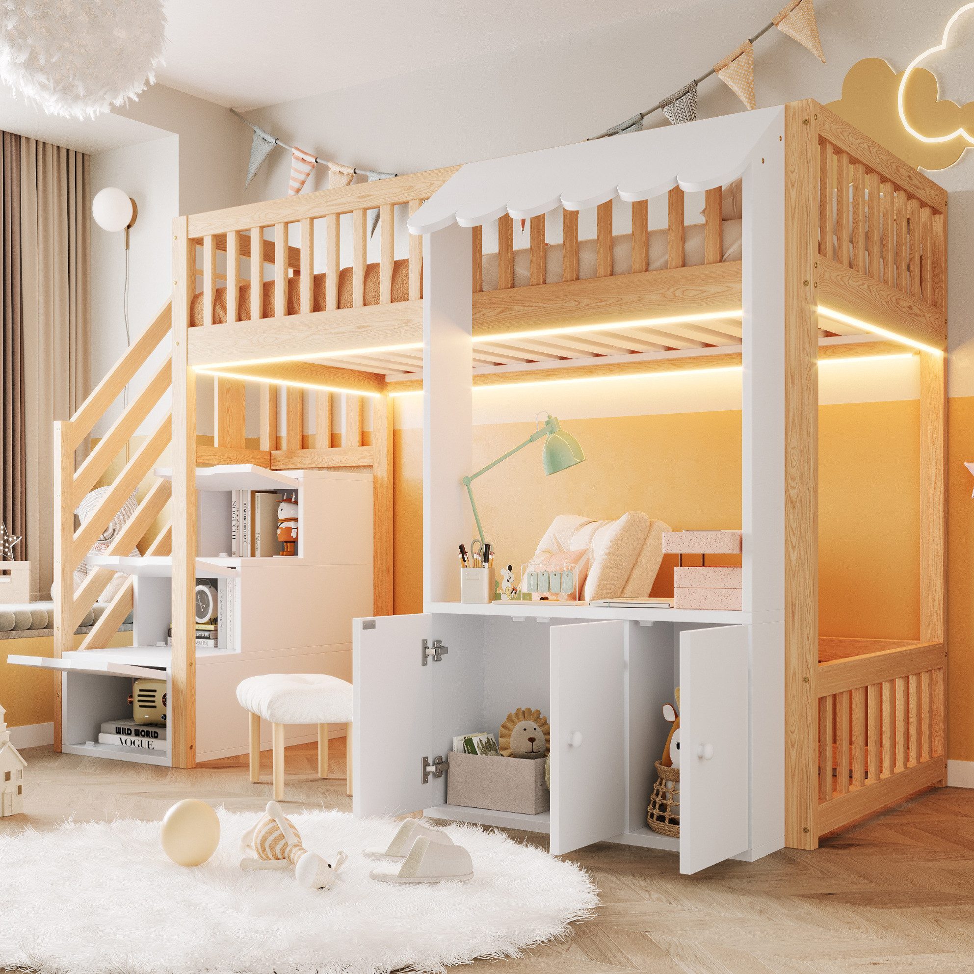REDOM Hochbett mit Stauraumtreppe und Stauraumschrank (mit LED-Lichtleiste in mehreren Farben, Lattenrost, Traufendesign, Kinderbett Einzelbett, 90x200 cm) ohne Matratze