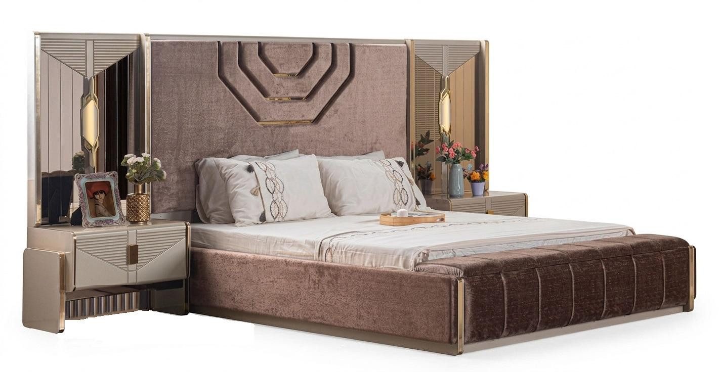 JVmoebel Schlafzimmer-Set Schlafzimmer Set Bett 2x Nachttische Schminktisch mit Spiegel Beige, Made in Europa